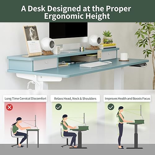 Miniatura 8 de FEZIBO 48 x 24 Inch Height Adjustable Electric Standing Desk with Double Drawer, Stand Up Desk with Storage Shelf, Sit Stand Desk, Blue