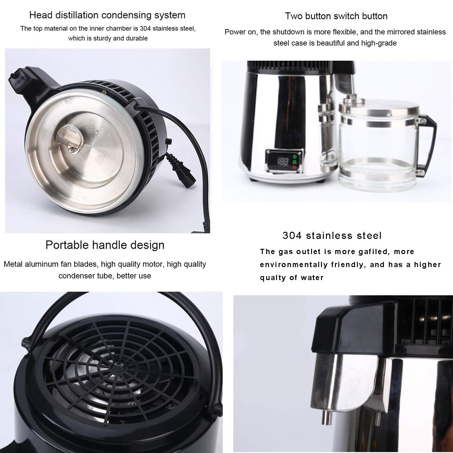 Destilador De Agua De 4 L, Purificador Interno De Filtros De DestilacióN De Agua Pura Interior De Acero Inoxidable Para Encimera De 750 W, Interruptor De Doble BotóN,Para El Hogar O El Laboratorio