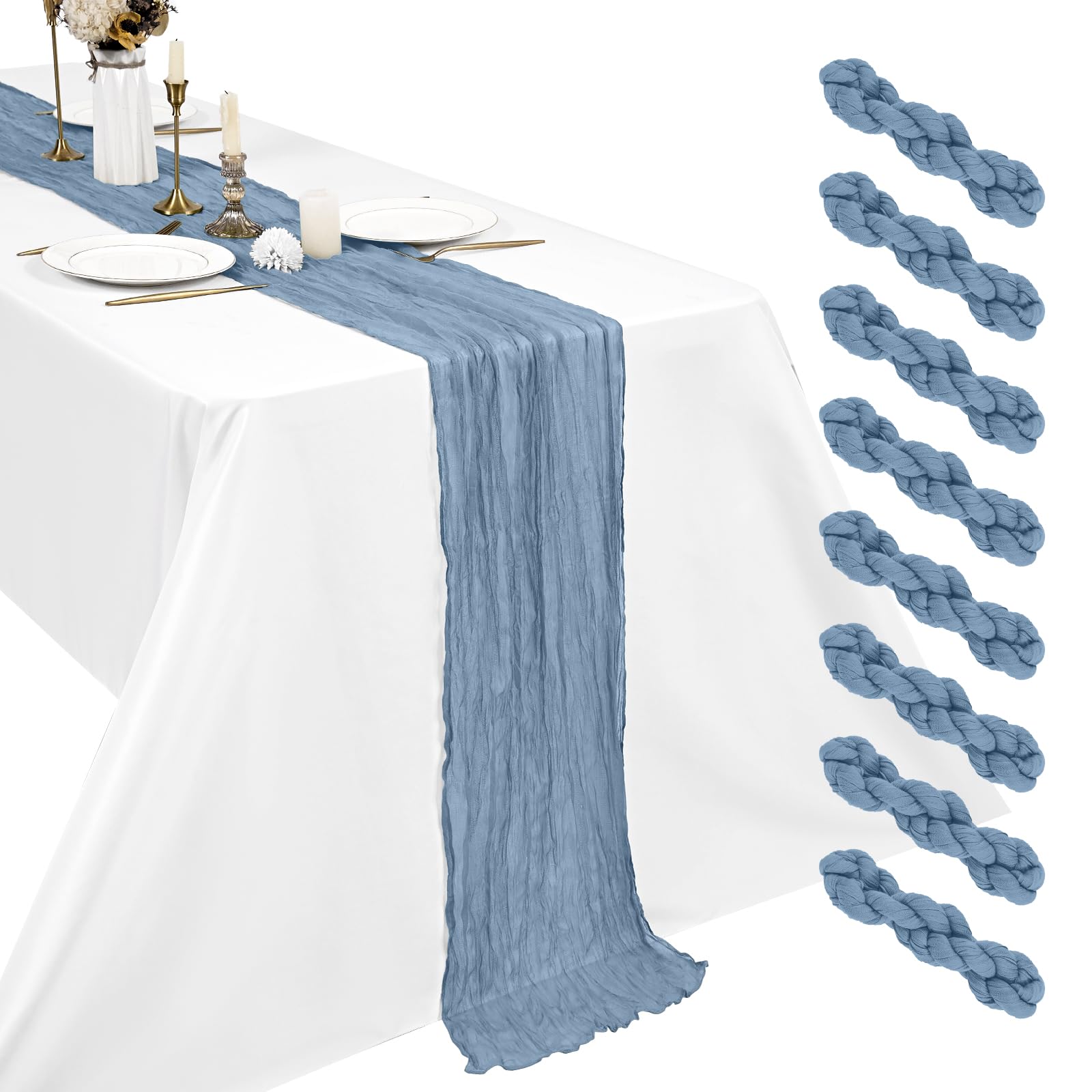 8 Pack Dusty Blue Cheesecloth Table Runner, 17.7 x 108 inch Boho Gauze Table Runner 45x275 cm Rustic Romantic Long Table Runner for Wedding Party Bridal Shower Christmas Decoration