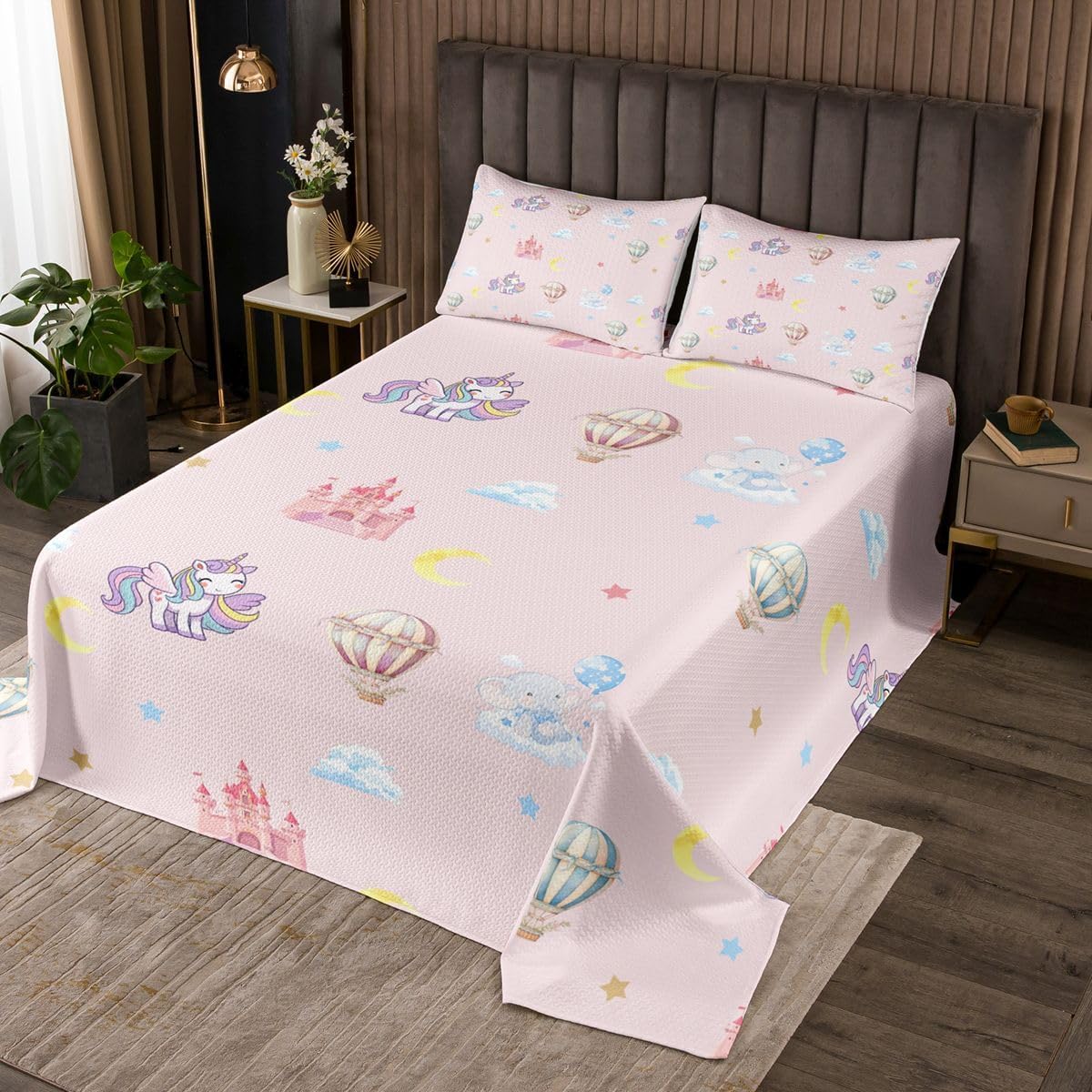Homewish Cute Unicorn Bedspread Twin Size,Castle Hot Air Balloon Bedding Sets 2Pcs for Kids Girls Boys Room Decor,Cartoon Elephant Comforter Set Dreamy Pink Stars Cloud Quilt Coverlet,1 Pillowcase