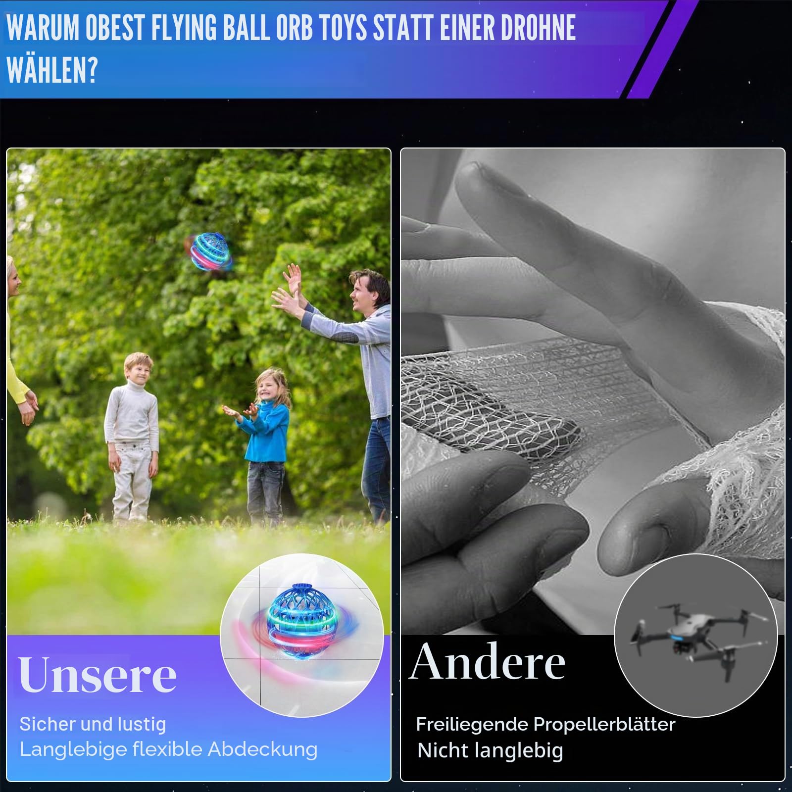 OBEST Fliegender Ball Magic Flying Boomerang Ball mit LED Licht, Cooles Fliegendes Spinner Spielzeug 360° Flip Mini Drohne für Kinder Erwachsene, Geschenk für Jungen Mädchen