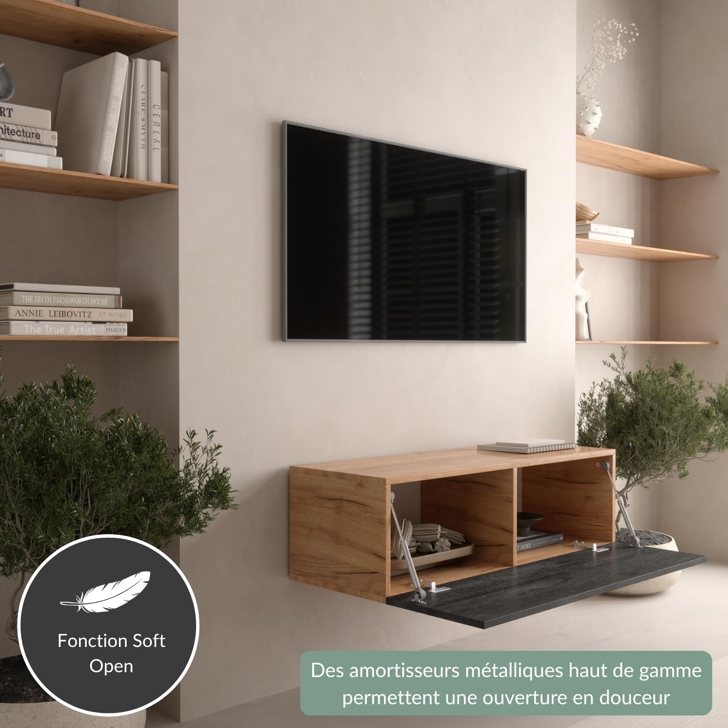 Planetmöbel Meuble TV West, Table TV 100 cm de Long, Meuble Tele Suspendu ou posé au Sol, Table Television pour Salon, Meuble TV 37,8 x 100 x 30 cm, chêne doré Noir Charcoal