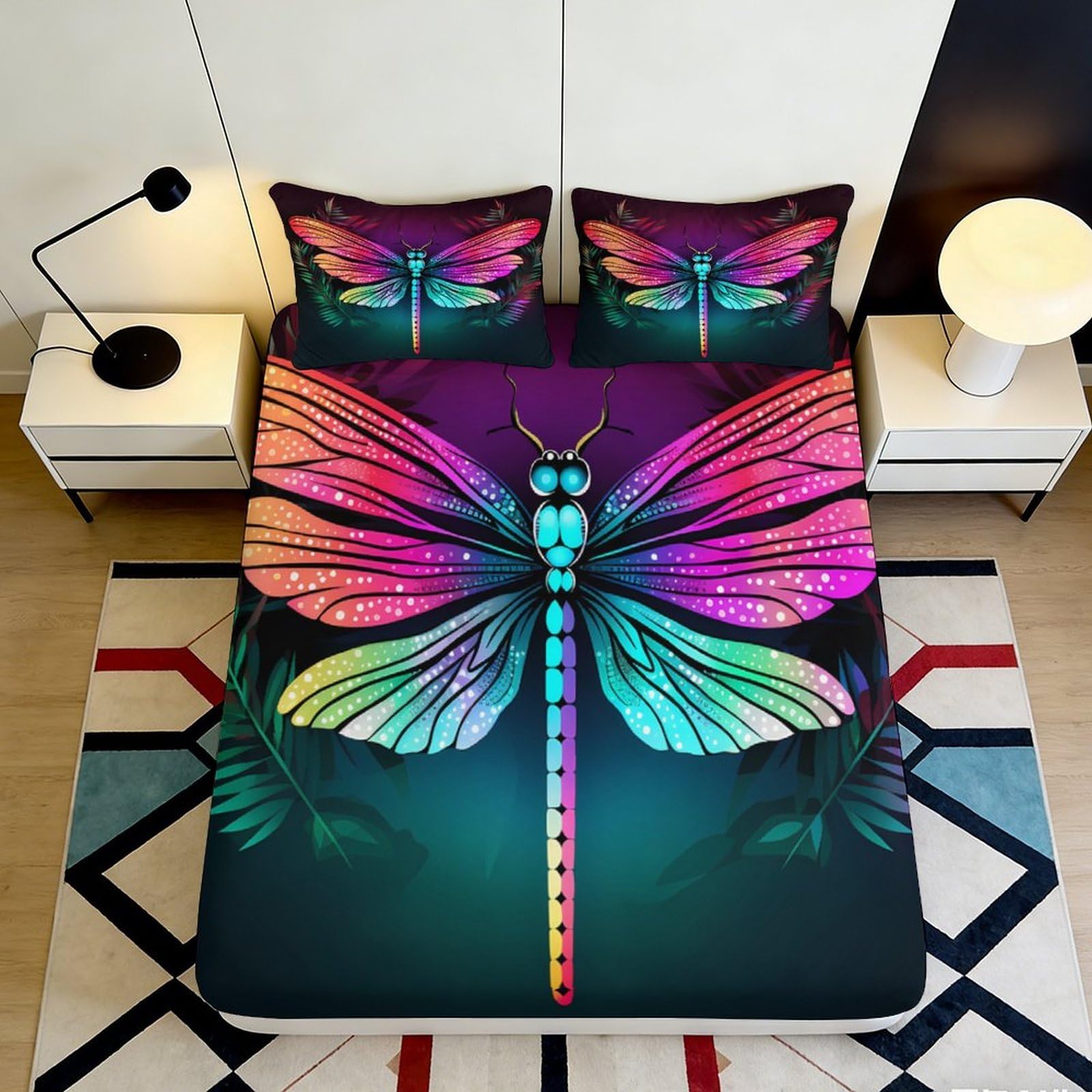 3D Printed Rainbow Dragonfly Fitted Sheet Microfiber Soft Colorful Insect Bed Cover for Bedroom Dorm Mattress Protection Decor 140x200x25cm