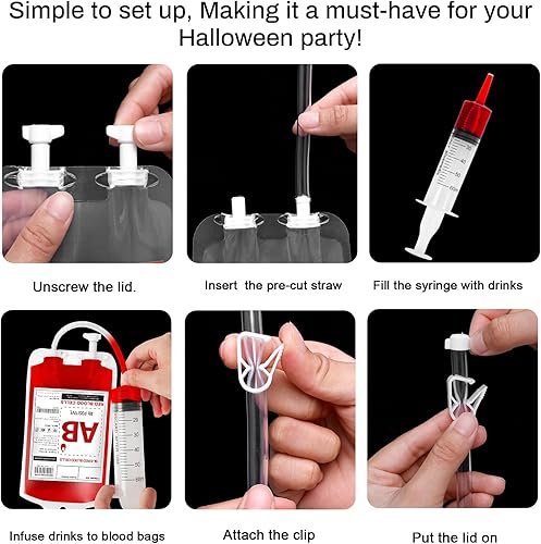 Miniatura 8 de MGparty Paquete de 12 bolsas de sangre de Halloween para bebidas, contenedor reutilizable, bolsas de bebidas para jugo para Halloween, decoración de