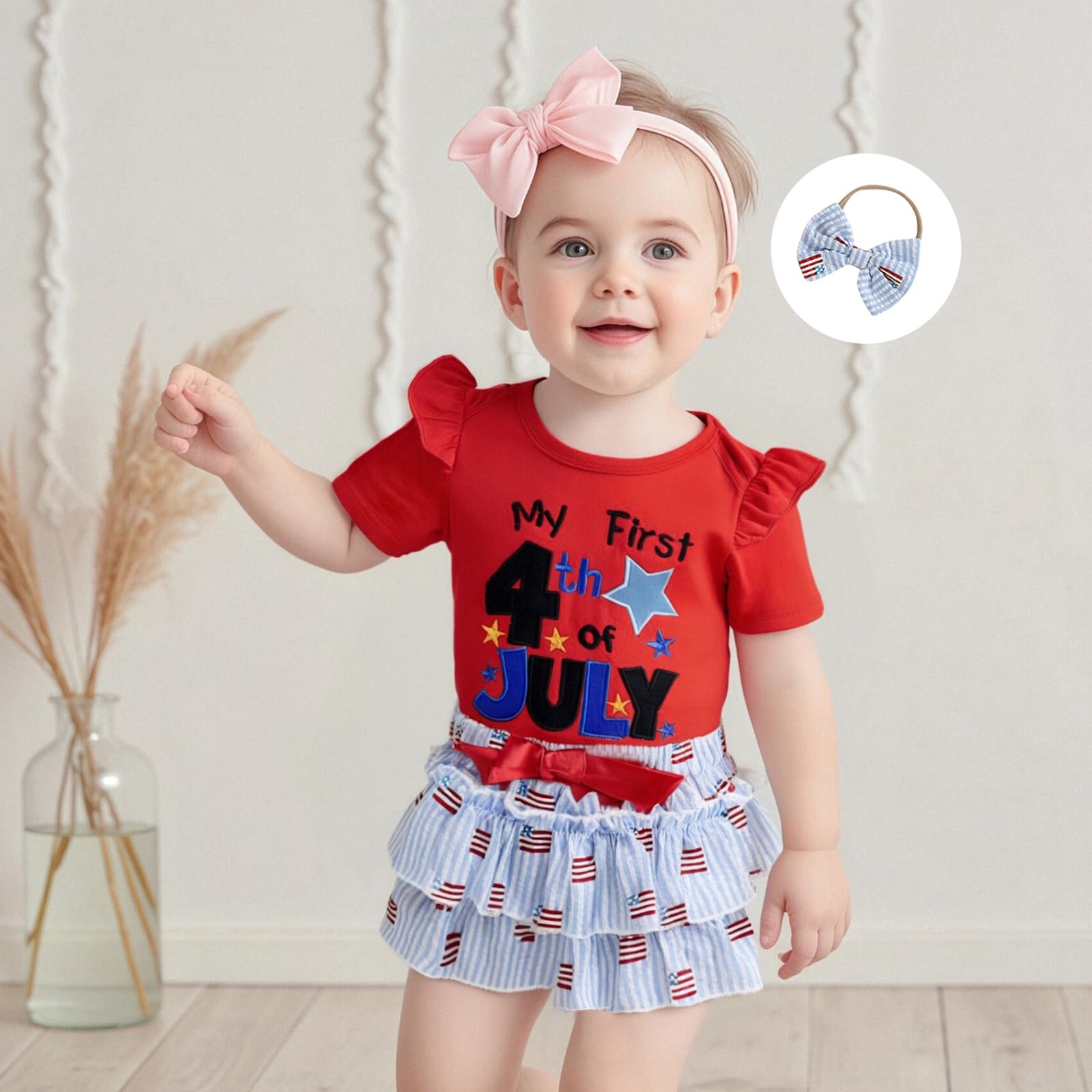 KtwHarnu My First 4th of July Baby Girl Outfit Newborn Short Sleeve Embroidery Romper Striped Ruffle Tutu Skirt Headband Set (Red, 6-12 Months)