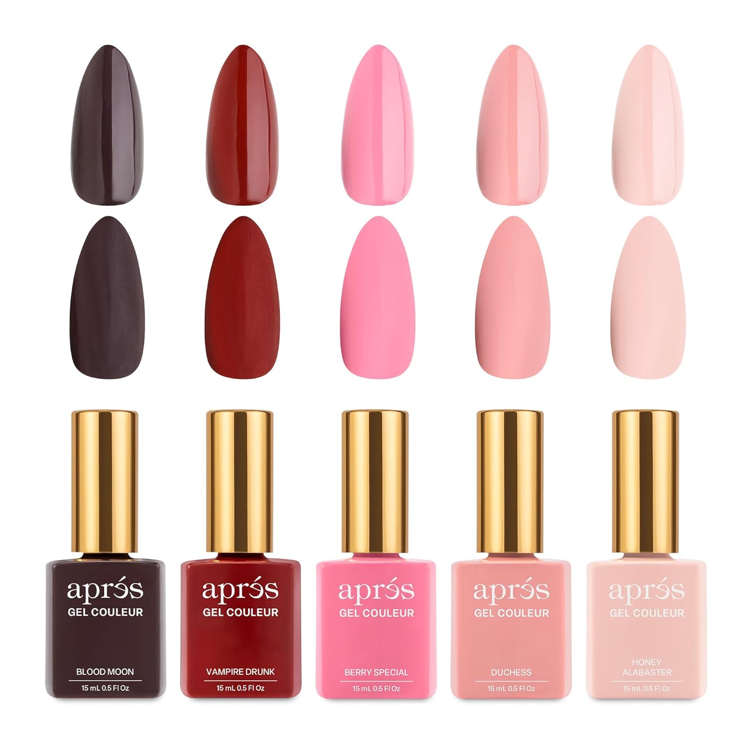 APRÉS Gel Couleur Combo Set, 5 Color Gel Nail Polish, HEMA-Free & TPO-Free, Bright Nude Pastel Colors with Brush-X Nail Art Brush (Blush After Dark)