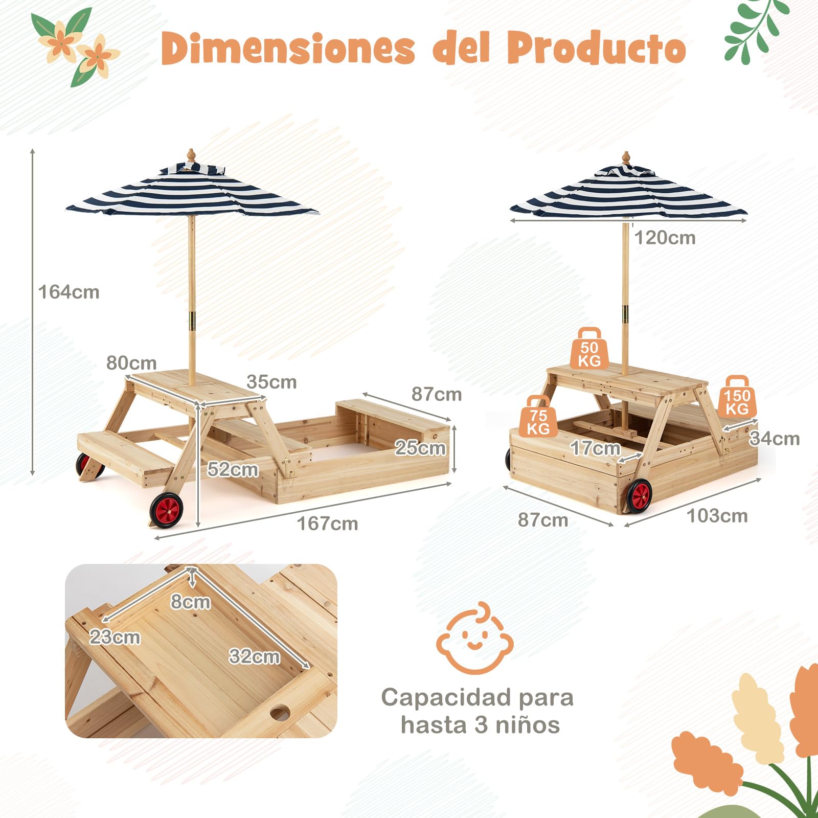 COSTWAY Arenero de Madera Infantil 3 en 1, Caja de Arena con Sombrilla Ajustable, Mesa de Picinic, Bancos, 2 Compartimentos Ocultos, Ruedas, Conjunto de Juego para Exterior para Niños de 3 a 5 Años