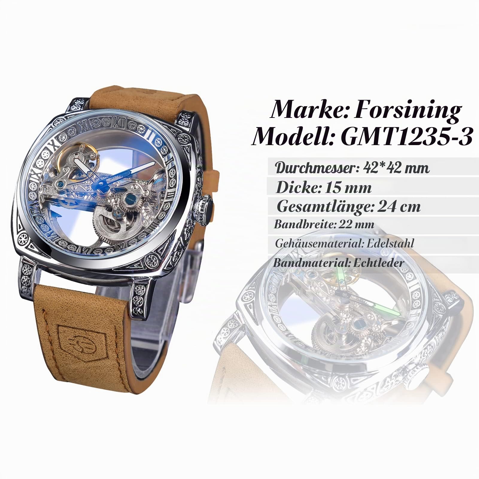 FORSINING Herren-Armbanduhr, modisch, klassisch, Skelett, quadratisch, transparentes Zifferblatt, automatisch, mechanische Armbanduhr, Leder, leuchtend, wasserdicht