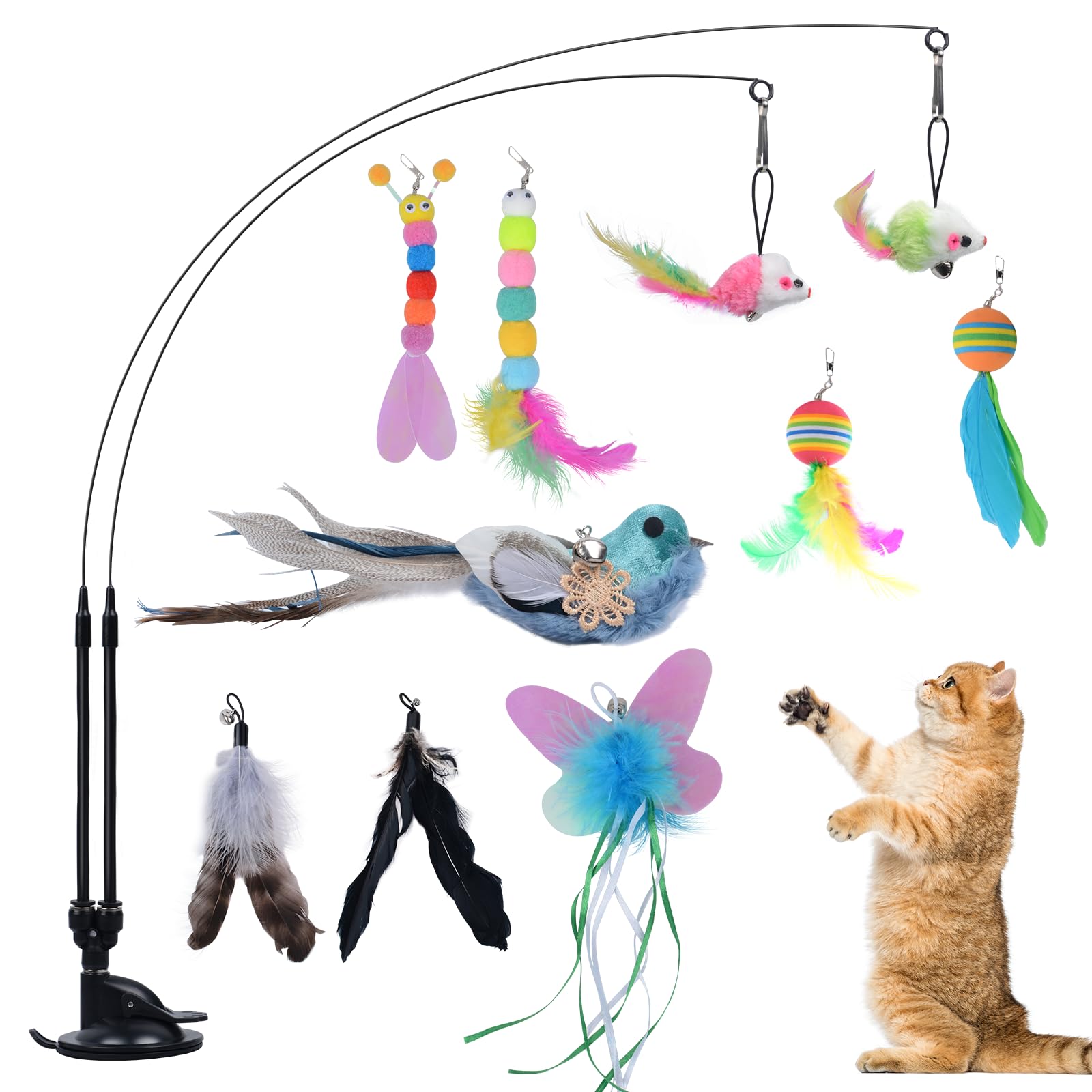 Qoosea 13 Piezas Juguete Pluma de Gato, Juguete para Gatos Interactivos con 1 Ventosa y 2 Varitas Teaser, Juguete de Gatos con Campana para Ejercitar Gatos y Gatitos
