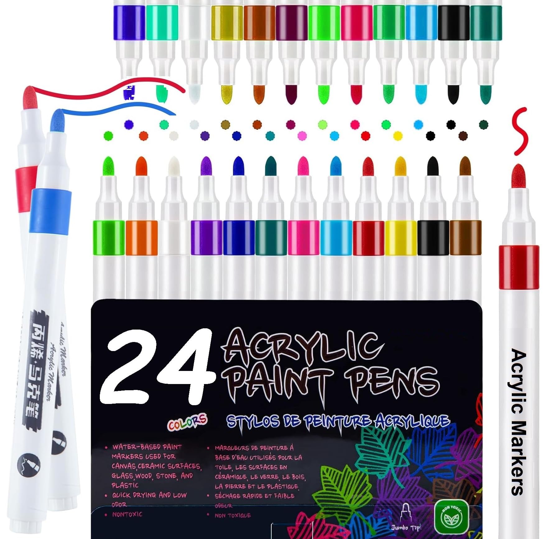 Amitasha 24 Colors Acrylic Markers Paint Pen Set, Premium Acrylic Pens for Wood, Canvas, Stone, Rock Painting, Glass, Ceramic Surfaces, DIY Crafts Making Creative Art Supplies