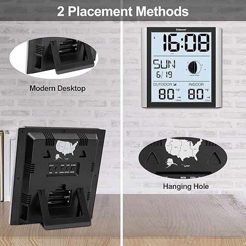 Miniatura 7 de Geevon Reloj de pared atómico con luz de fondo, reloj atómico digital de ajuste automático con temperatura interior y exterior, calendario, fase