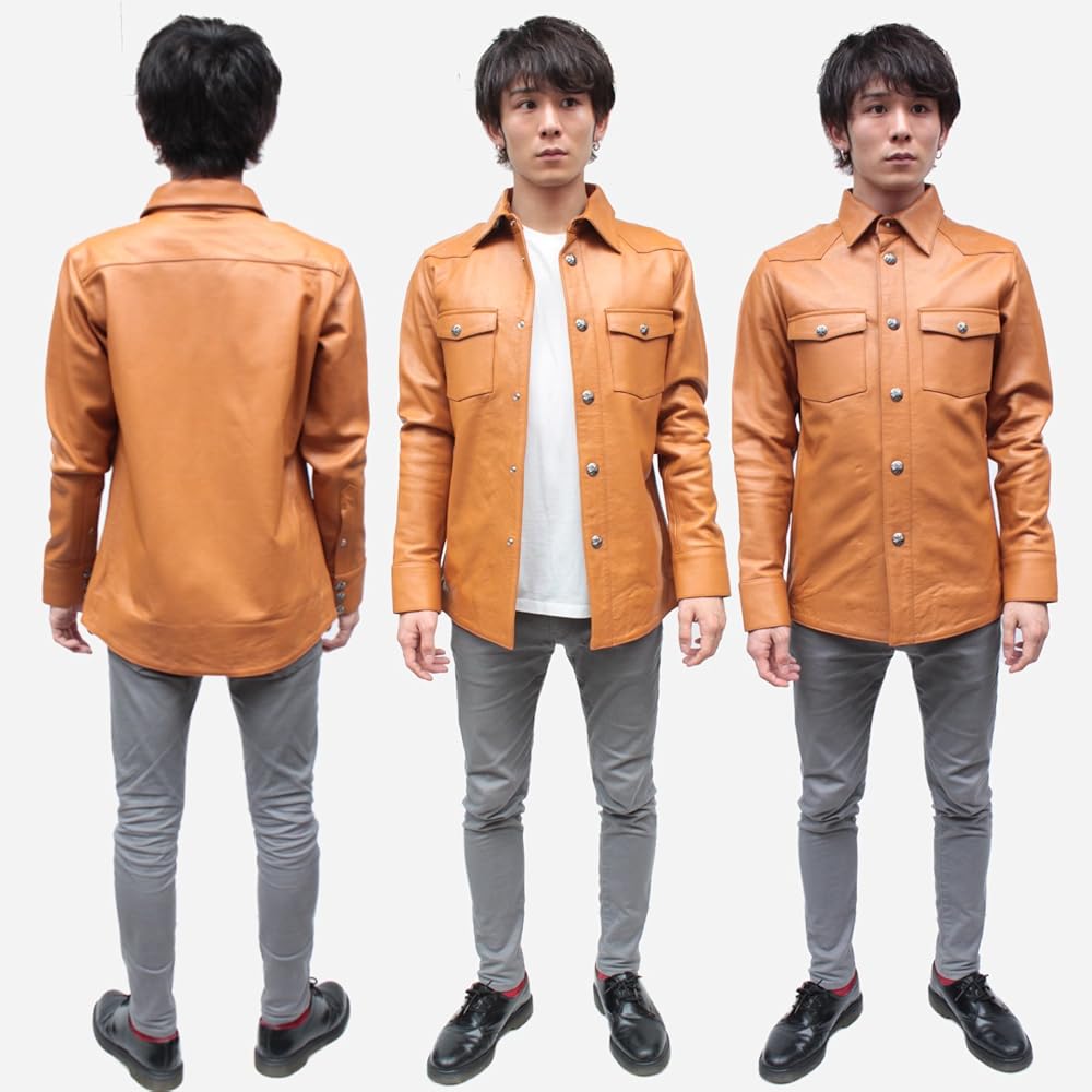 Amazon | [皮の但馬屋] 本革 レザーシャツ メンズ 牛革 ステンカラー