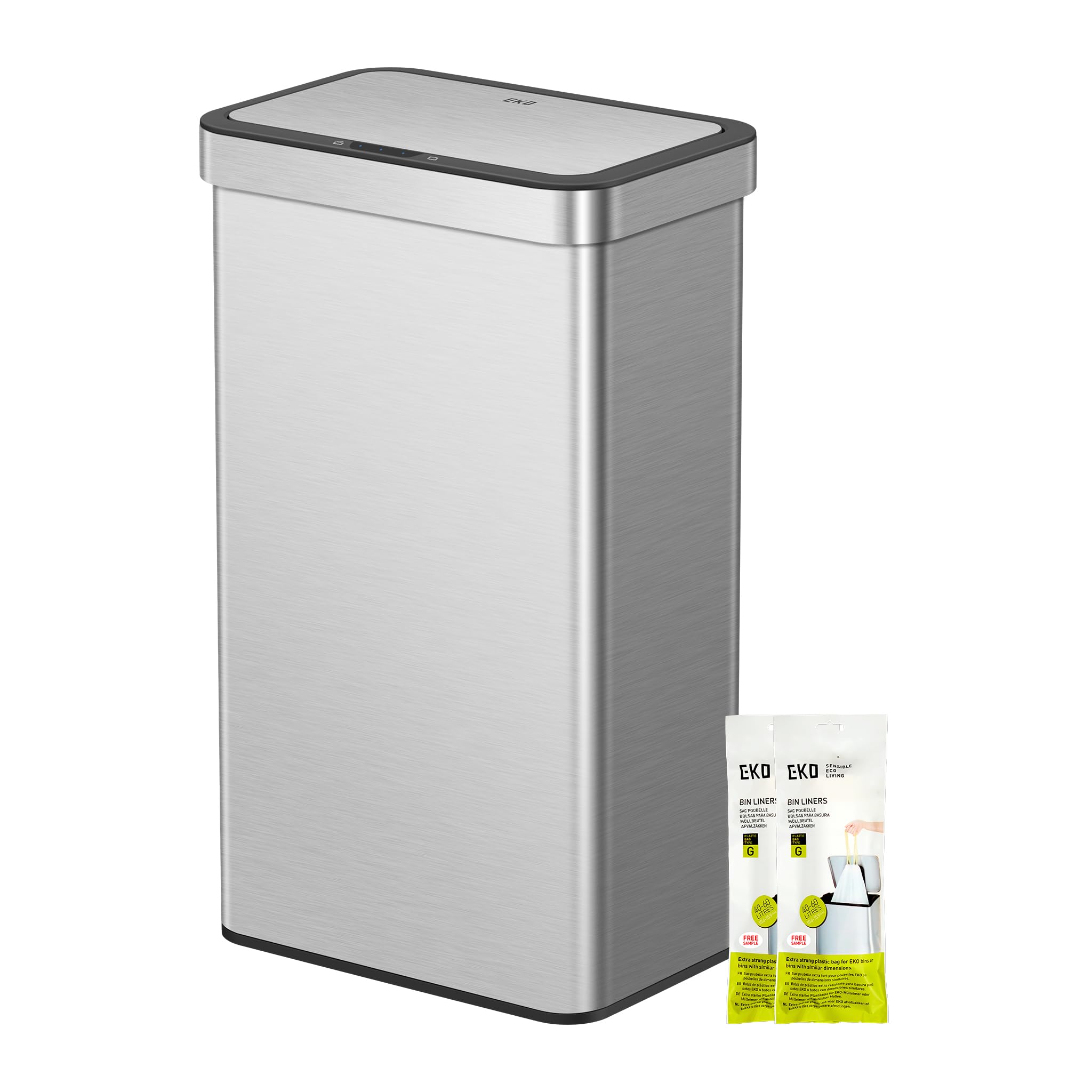 EKO NOVA 80L Mülleimer mit Sensor, Automatischer Küchenmülleimer, rechteckiger Bewegungssensor Abfalleimer, Soft Closing Deckel, Fingerabdruckresistente, elektrischer Mülleimer, Mattes Edelstahl