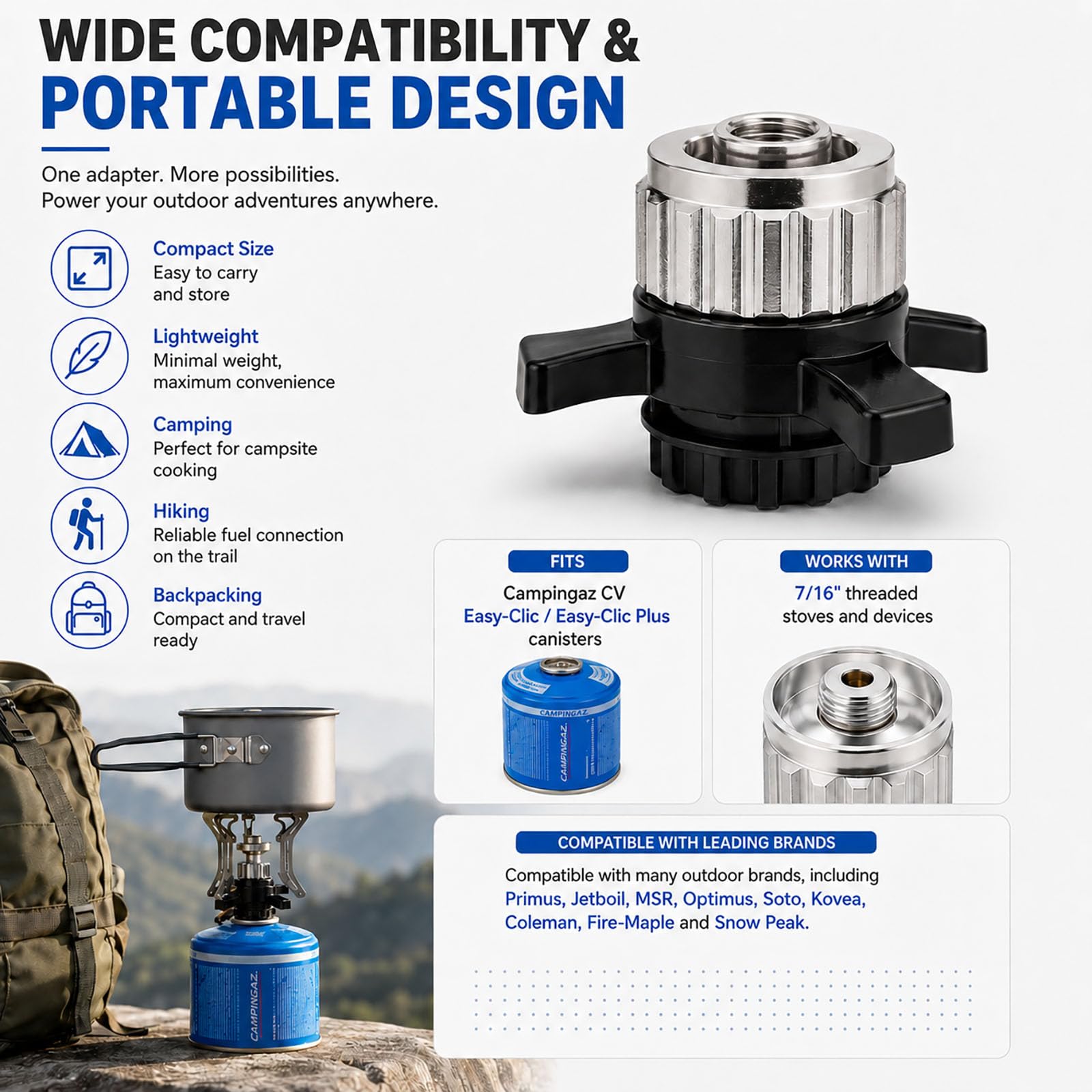 Adapter do butli gazowej kompatybilny z Campingaz CV Easy-Click/CV Gasflasc, zawór śrubowy 7/16", przyłącze gwintowane, hermetyczne połączenie ze stopu metali do kuchenek kempingowych i