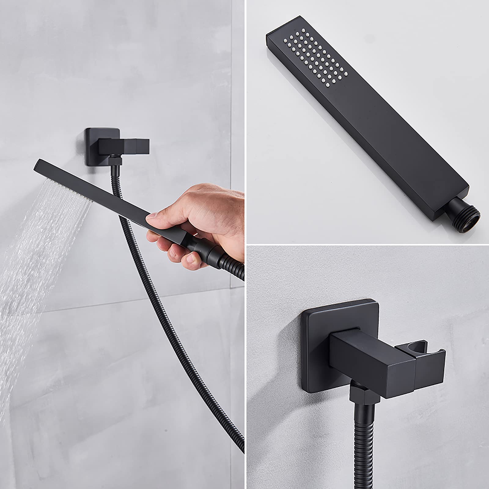 LR Black Rain Shower System Termostatyczny zestaw baterii prysznicowych z 4 dyszami natryskowymi do ciała, montowany na suficie zestaw prysznicowy z mosiężnym mieszaczem deszczowym z głowicą