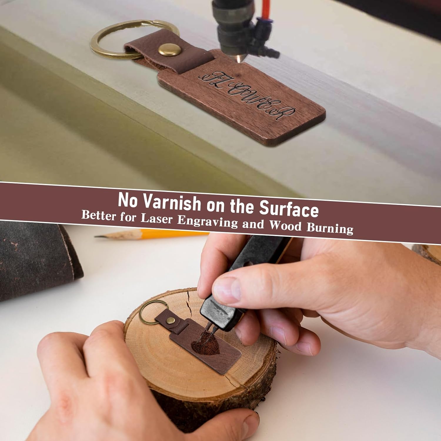 25 Pieces Leather Wood Keychain Blank, Wooden Keychain Blanks with Leather Strap, Unfinished Wooden Keychains for Laser Engraving, DIY Various Key Tags, Wood Crafts Gift - Image 4