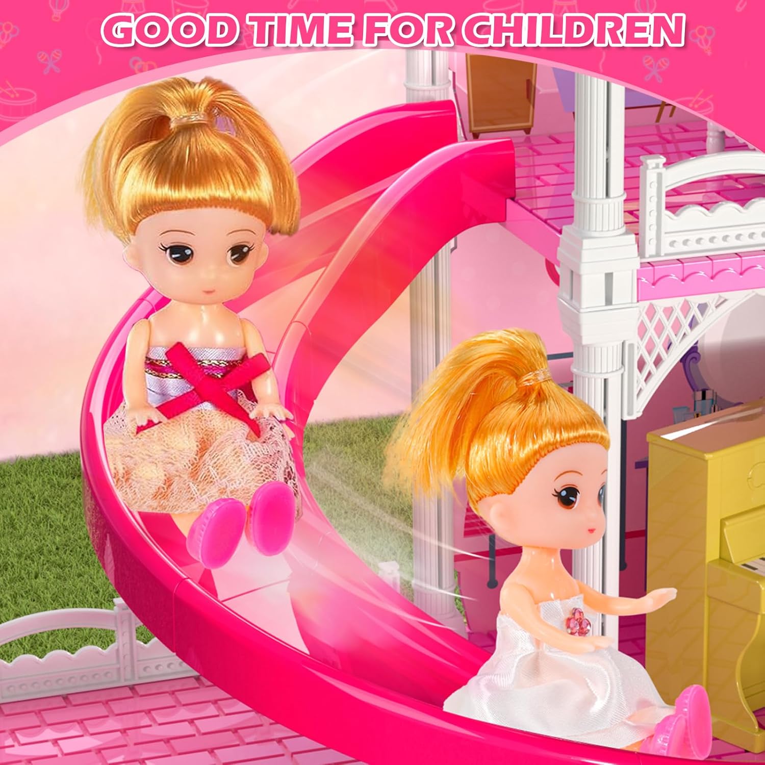 Doloowee DIY Dolls House for Girls - 4-Level 10-Room Villa with 2 Dolls, 4 Dogs & Rich Accessories, DollsHouse Toys for Kids 4-8 Years Old