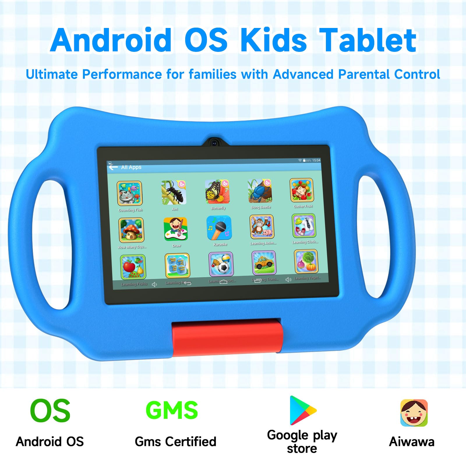 Vyrolina Tablet PC per bambini da 7 pollici Android 12.0 per bambini, 4 GB di RAM 32 GB ROM Bluetooth IPS Schermo Parental Control Iwawa APP Custodia antiurto per giochi educativi (blu)