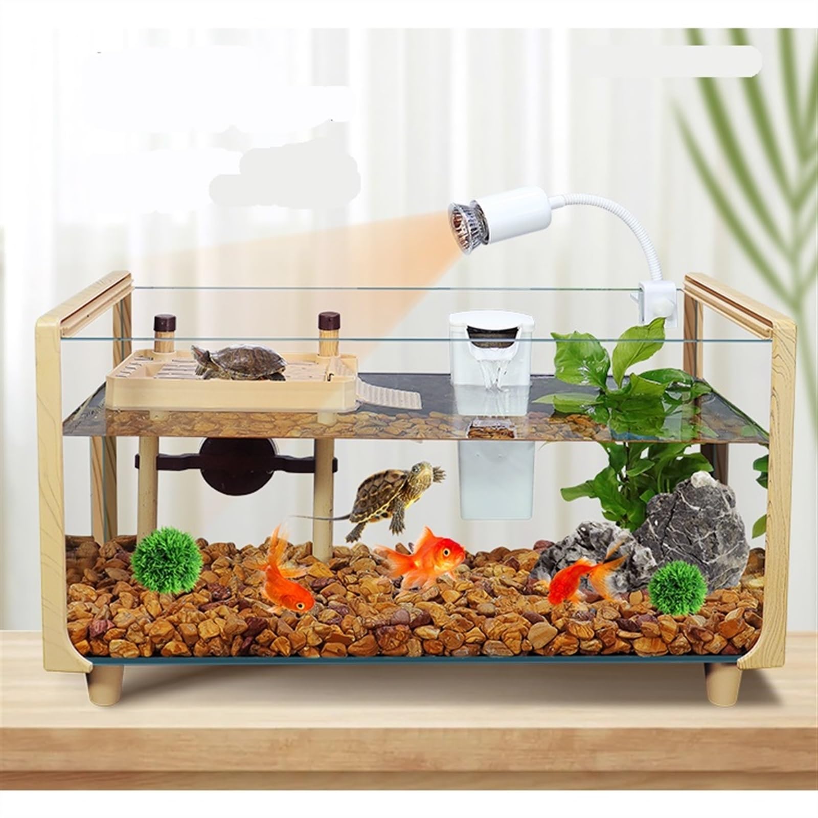 Acuario con marco de madera de tortuga, acuario de cristal ultra blanco, tanque de peces transparente para mezclar (40 x 21 x 24 cm)