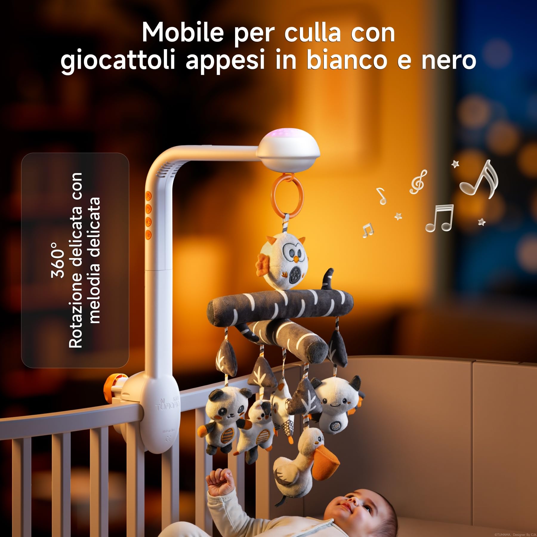 TUMAMA Giostrina Culla Neonato, 3 in 1 carillon giocattolo con Rimovibile Pendente, Proiezione Luce Notturna, Musica e Rumore Bianco, Baby Mobile Giocattoli per Neonati 0 2 3 6 Mesi Regalo di Natale