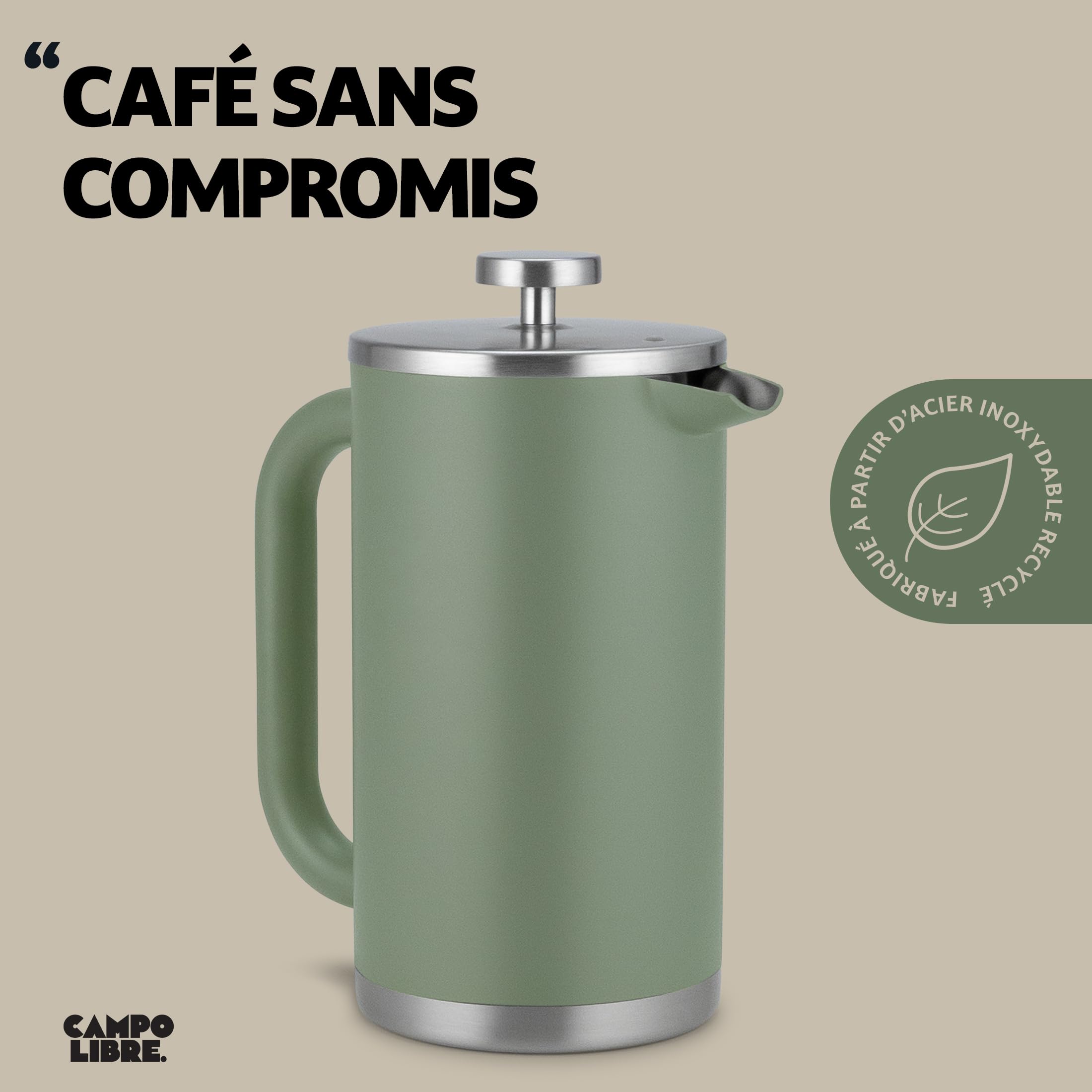 Campo Libre.® GIORGIO – Cafetiere a Piston en Acier Inoxydable Recyclé, Double Paroi Isotherme, Sans Plastique – French Press avec Filtre de Rechange – Passe au Lave-Vaisselle. Vert, 1000ml, 1l