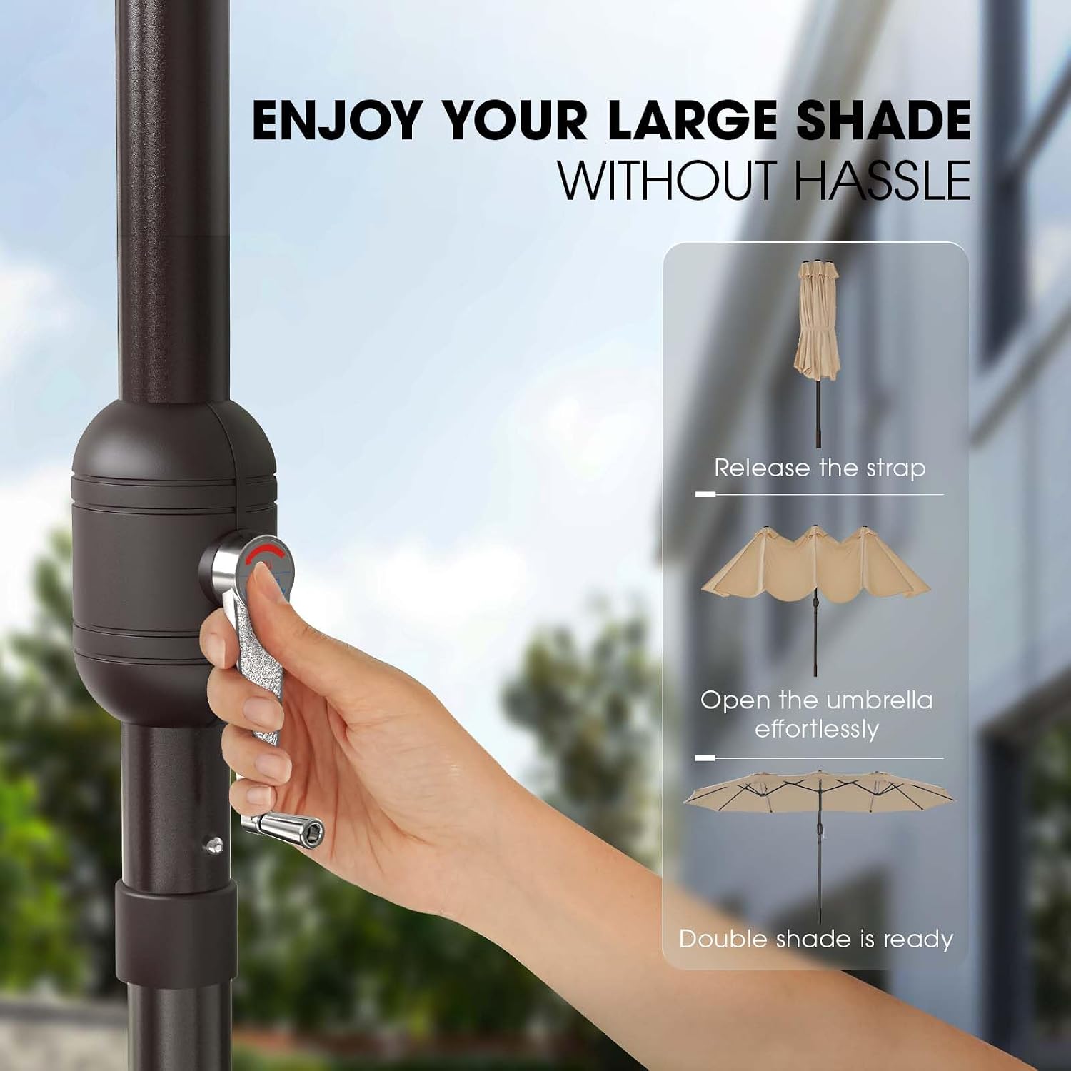 wikiwiki 15ft Large Patio Umbrellas with Base Included, Outdoor Double-Sided Umbrella with Crank Handle, Powerful UV Protective, for Pool Lawn Garden, Tan