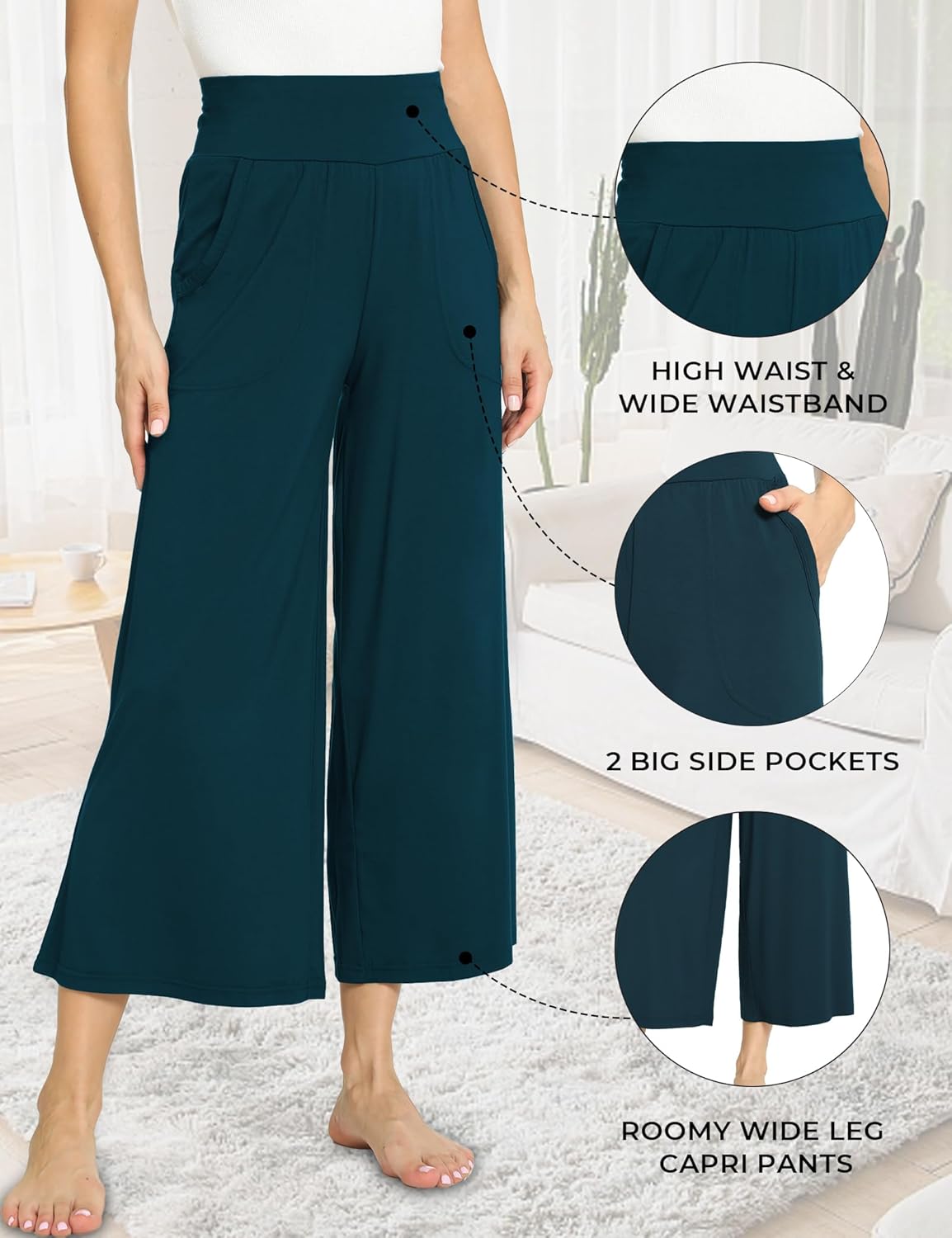 GYS Bamboo Viscose Wide Leg Palazzo Cropped Pants, High Waist Capris Cloud-Soft Pajama Pants with Pockets, Flowy Yoga Pants