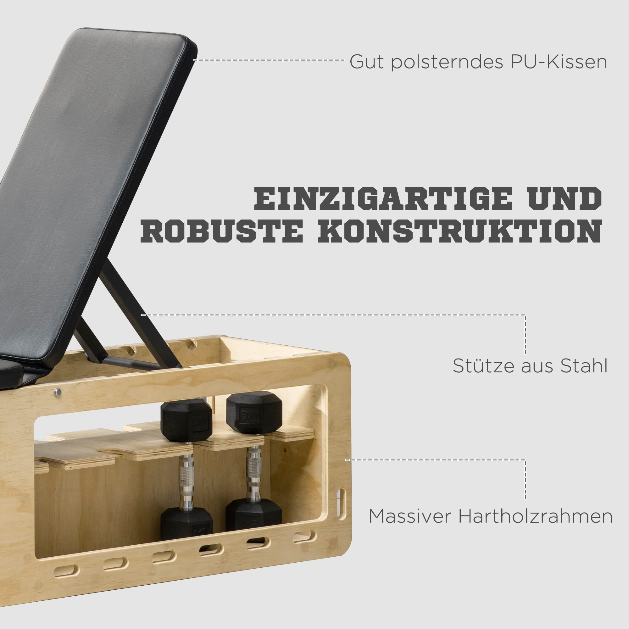 HOMCOM Hantelbank Verstellbar mit Aufbewahrungsbox und Widerstandsbändern | Trainingsbank, Fitnessbank für Gewichtheben, Krafttraining, Massivholz
