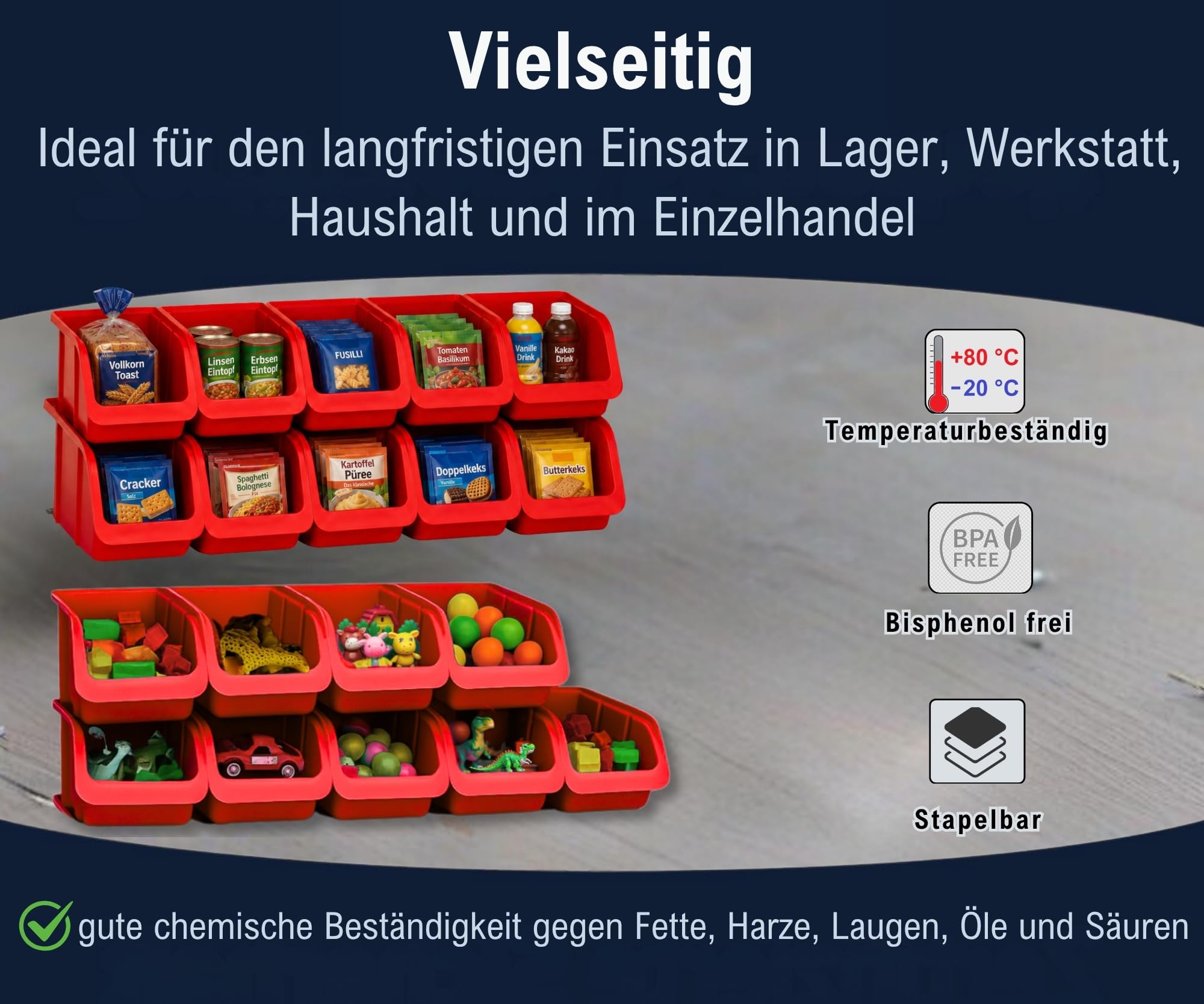 hünersdorff Set 24 tiroirs de rangement empilables, Boîtes de rangement, Rangement d'outils, haute stabilité dimensionnelle et capacité de charge, en polypropylène (PP), taille 2, rouge
