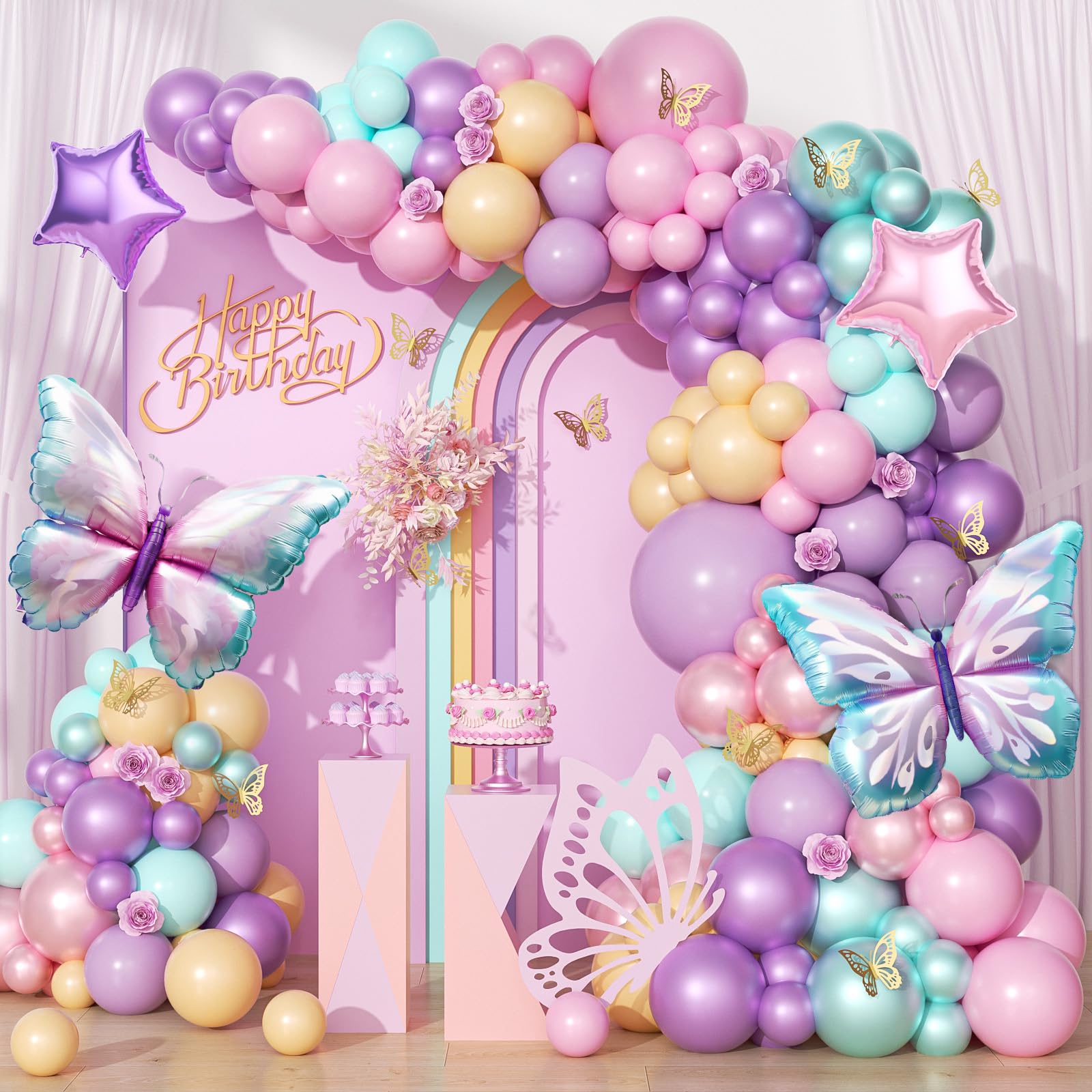 125pcs Butterfly Balloon Arch Kit, Color Butterfly Party Decorations with Pink Purple Teal Pearl Balloons Star Butterfly Balloons Butterfly Stickers
