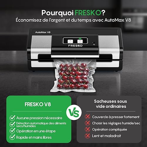 FRESKO Automatica Macchina Sottovuoto Alimenti, 140 Watt, Macchina Sottovuoto a Mani Libere, Rilevamento Secco/Umido, Borsa per 2 Rotoli, Taglierina Incorporata e Custodia per Borsa (AutoMax V8) - 5