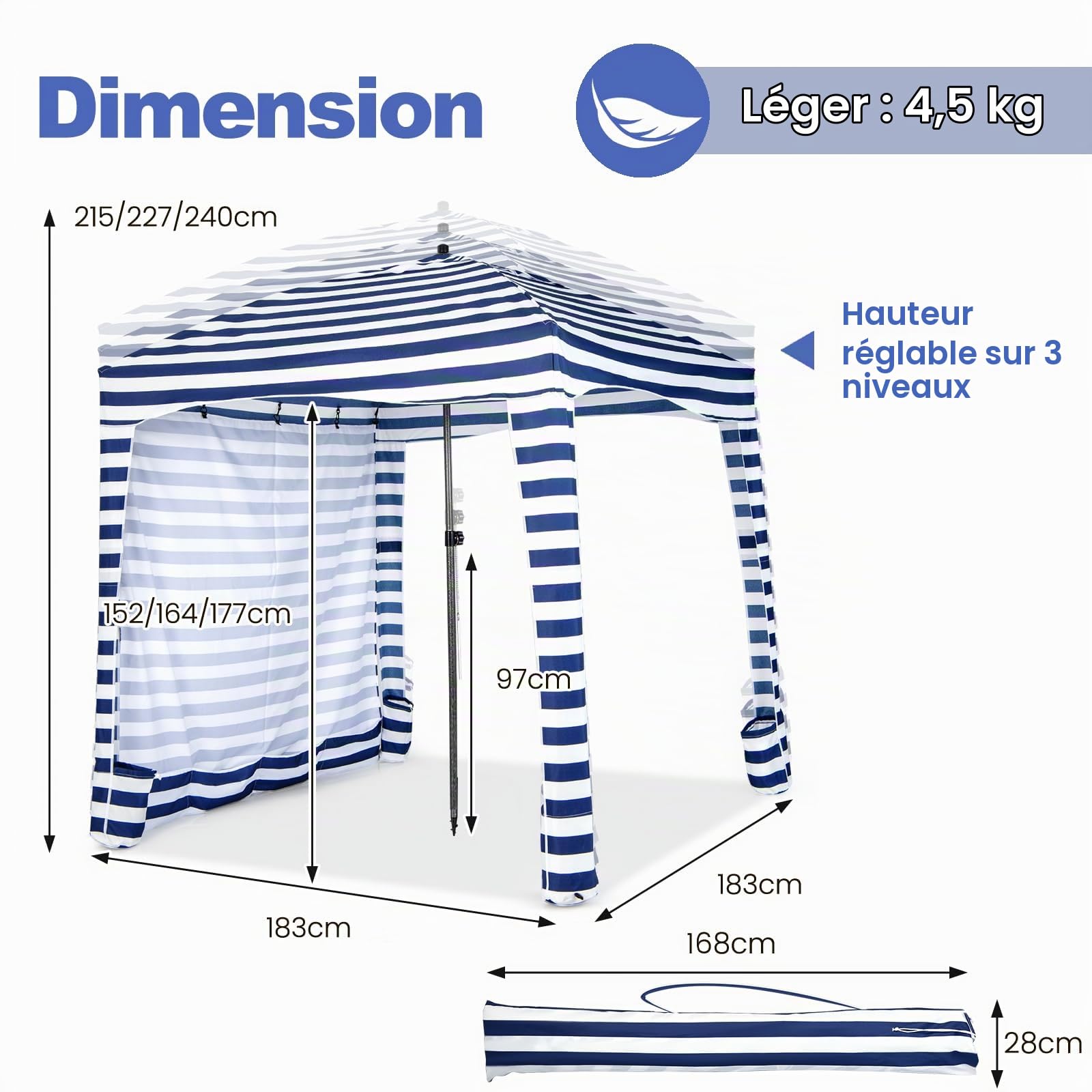HOMASIS Tente de Plage 1,8 x 1,8 m, Réglable en Hauteur, Abris de Plage Portable avec Protection UV, avec Paroi Latérale Amovible, Sacs de Sable et Ancrage de Sable (Bleu, Standard)