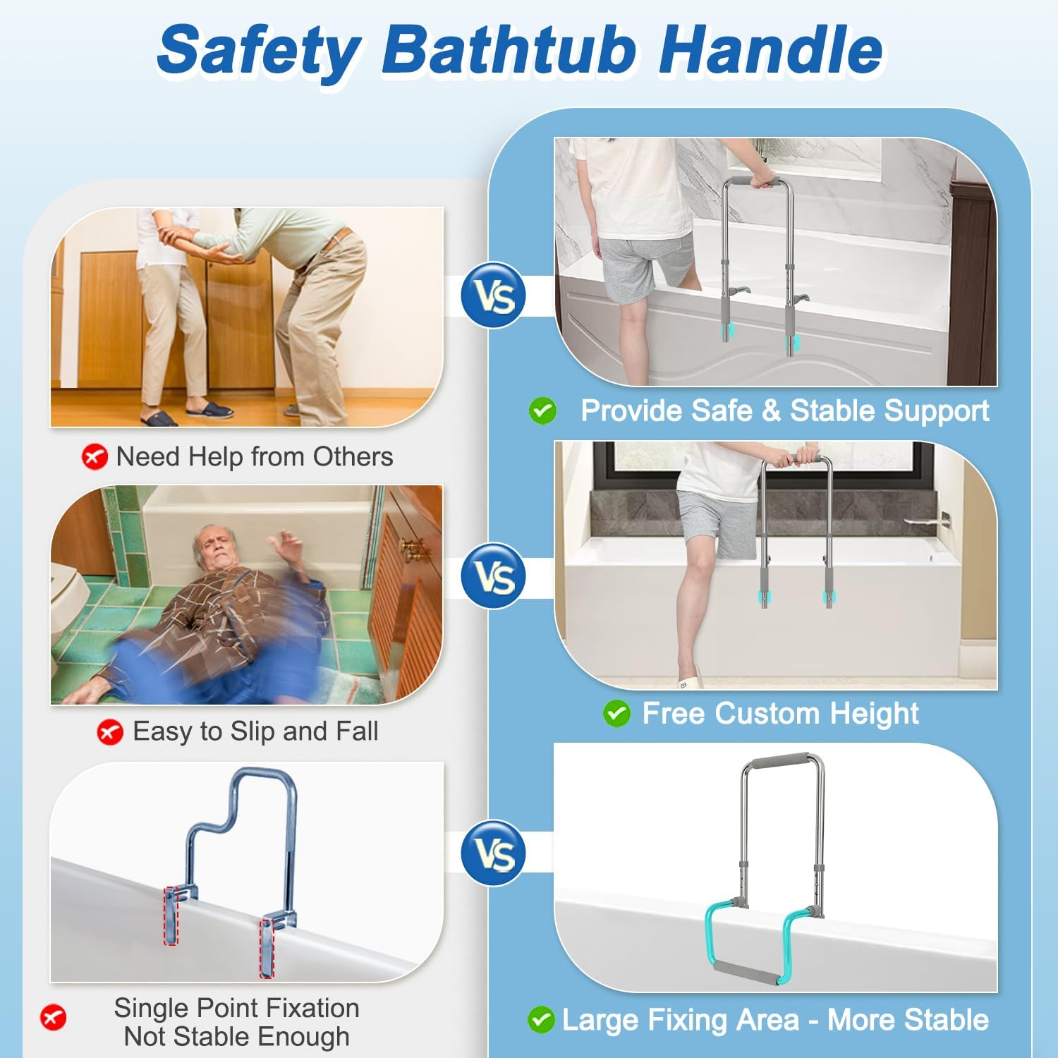 Bath Tub Handles for Seniors Shower Rails Elderly Adults Safety, Bathtub Clamp Grab Bars Helper No Drill, Handicap Bathroom Tub Support Bar Assist Devices, Help Getting Out of Bathtub