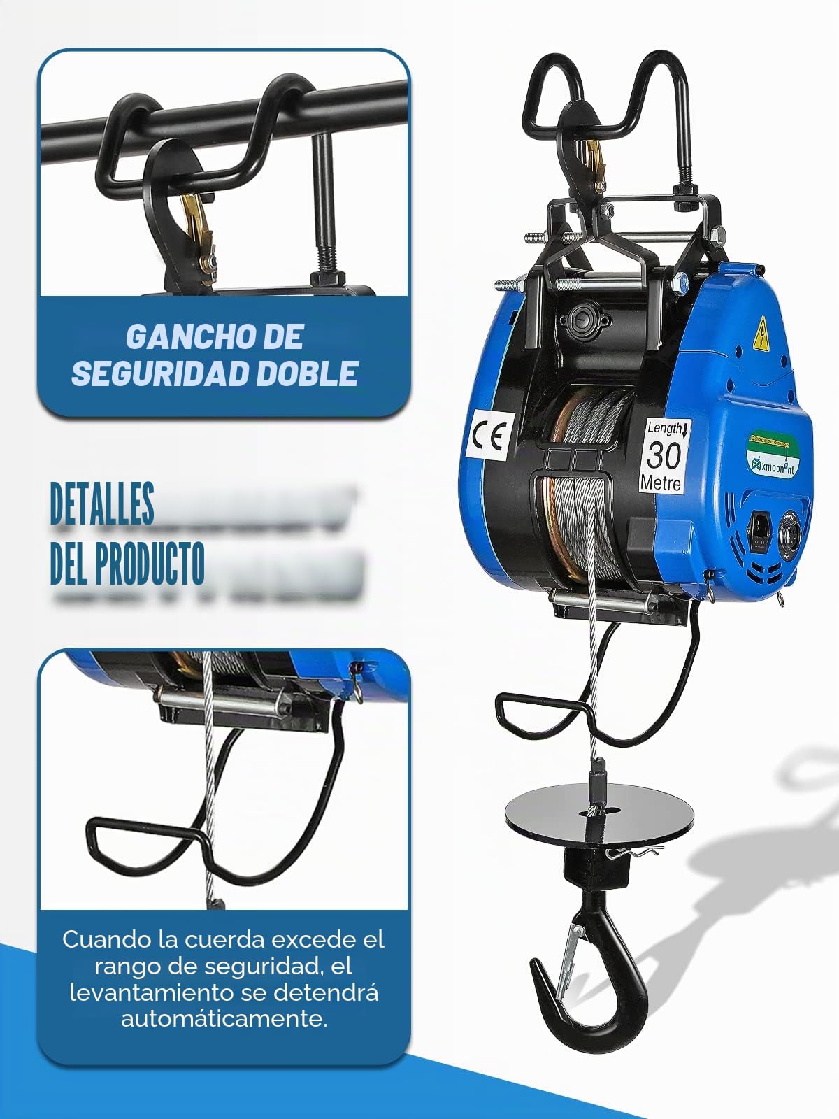 Mxmoonant Grúa de elevación eléctrica de 30 m, con carcasa de aleación con motor actualizado de 1500 W, cable de 6,8 m y control inalámbrico de 150 m, tipo reforzado para trabajar con necesidades