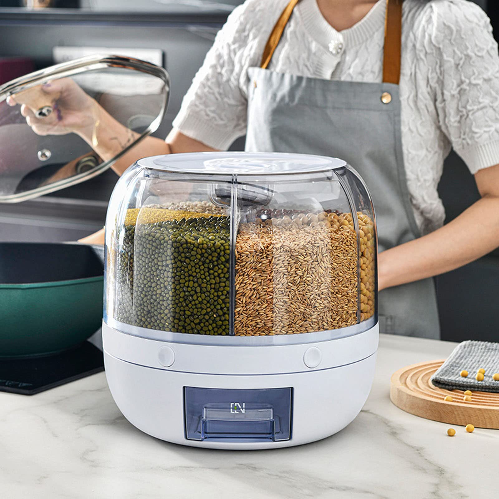 Contenitore Girevole per Cereali, 6 Griglie Dispenser di Cereali in PP Rotante con Coperchio Rimovibile, Dispenser di Riso, Distributore di Riso, Contenitore per Riso Stoccaggio, per Negozio di Cucina