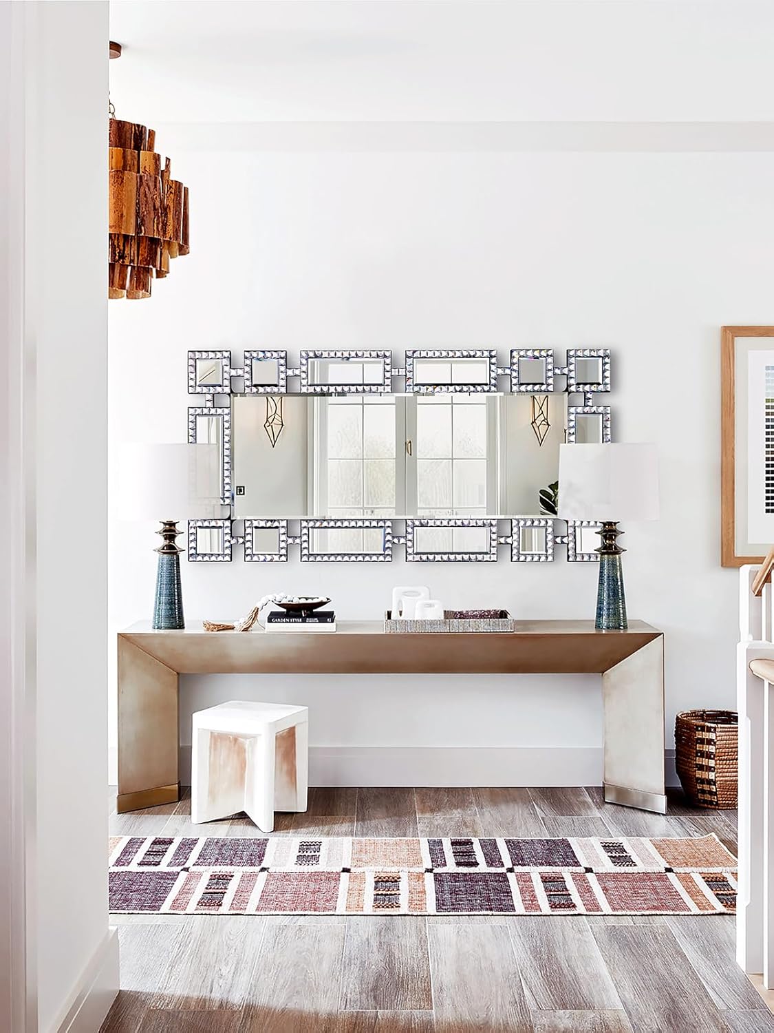 Large Decorative Mirror with Square Crystal, 47"x24" Bling Mosaic Mirror Wall Decor, Beveled Edge, for Dining Room, Living Room and Bathroom, Suitable for Modern/Luxury/Art Interior Styles