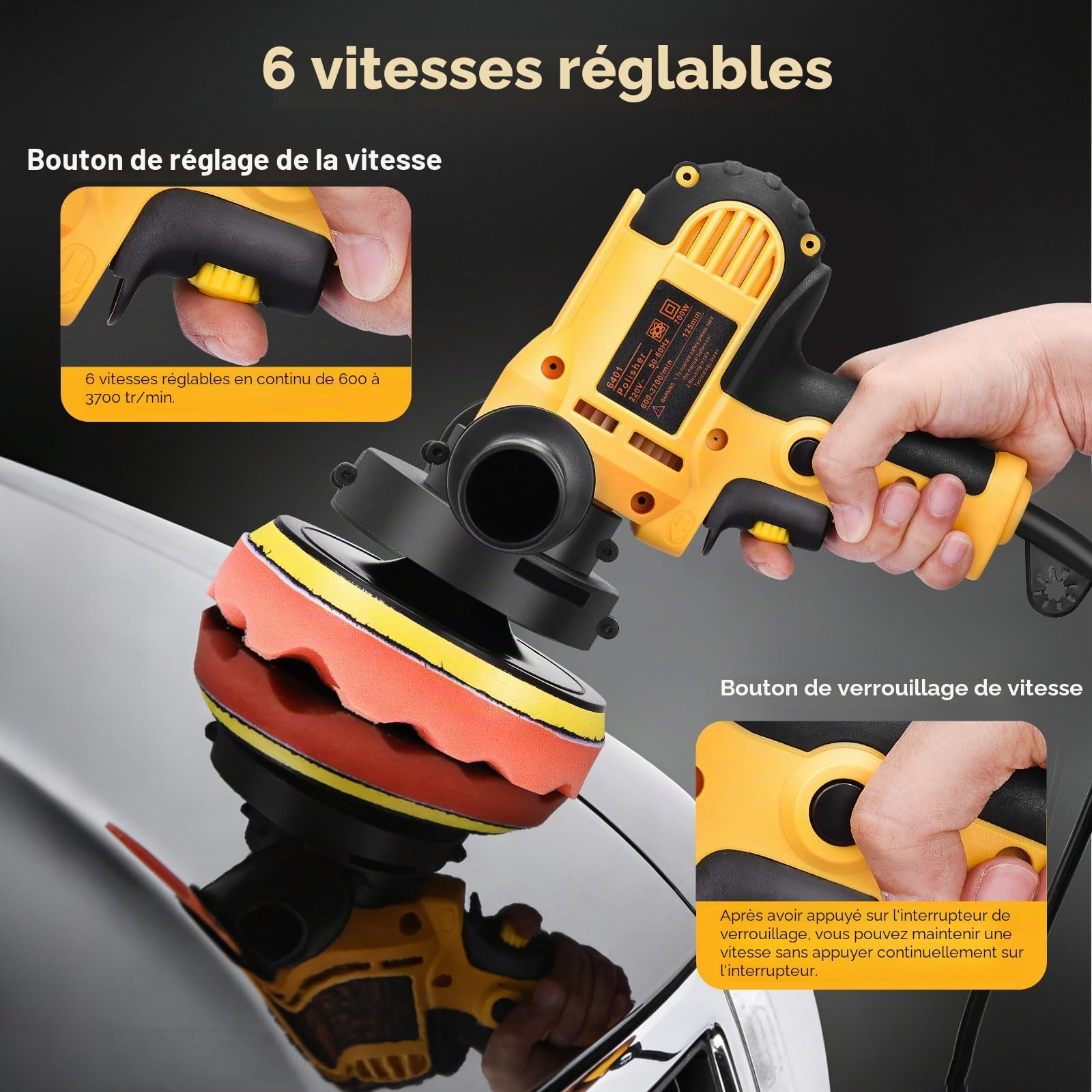 Lustreuse Polisseuse Voiture, 700W Polisseuse Voiture avec 6 Vitesses Réglable 600-3700 tr/min, Moteur Puissant, Poignée Amovible et 5 Tampons de Polissage Amovibles pour Polissage Voiture
