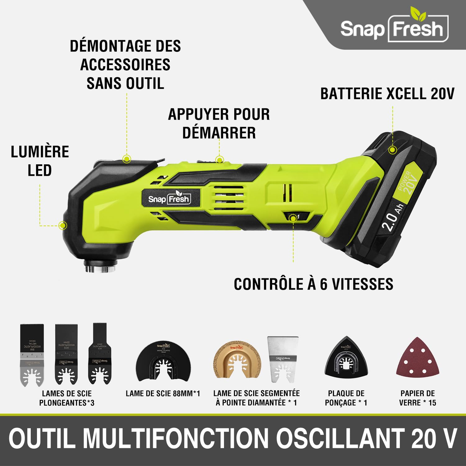 SnapFresh Outil Multifonction sans Fil 20V Scie Oscillants 6 Vitesses 5000-18000 tr/min, Angle Oscillant 3,2°, 24 Accessoires pour Couper, Poncer, Gratter, Scier, Polir, Polir, Bricolage