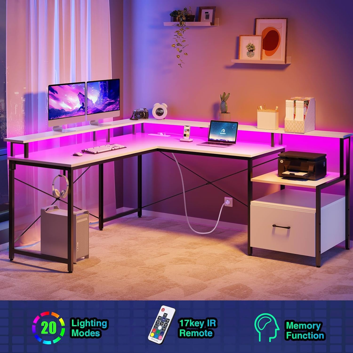 Rolanstar Computer Desk with File Drawer, 64" L Shaped Desk with Power Outlet & LED Strip, L Shaped Computer Corner Desk with File Cabinet, Gaming Desk with Monitor Shelf, Home Office Desk, White - Image 5