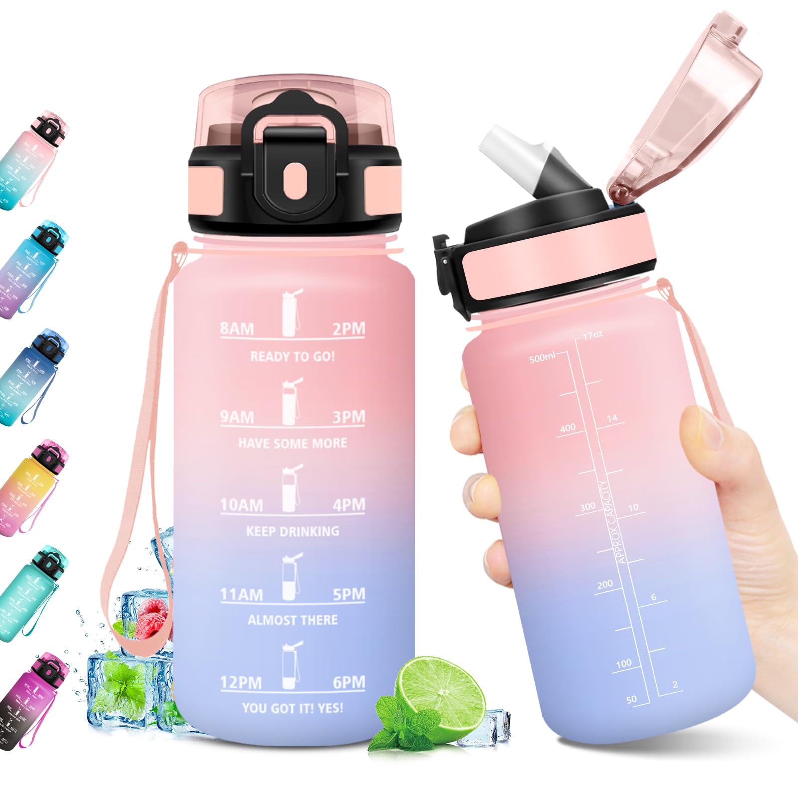 Borraccia 500ml, Borraccia Sportiva con Marcatori Temporali, Borraccia con Cannuccia, Bottiglia Riutilizzabile, Bottiglia senza BPA, A Prova di Perdite, Borraccia Sport per Bambini, Scuola, Ufficio