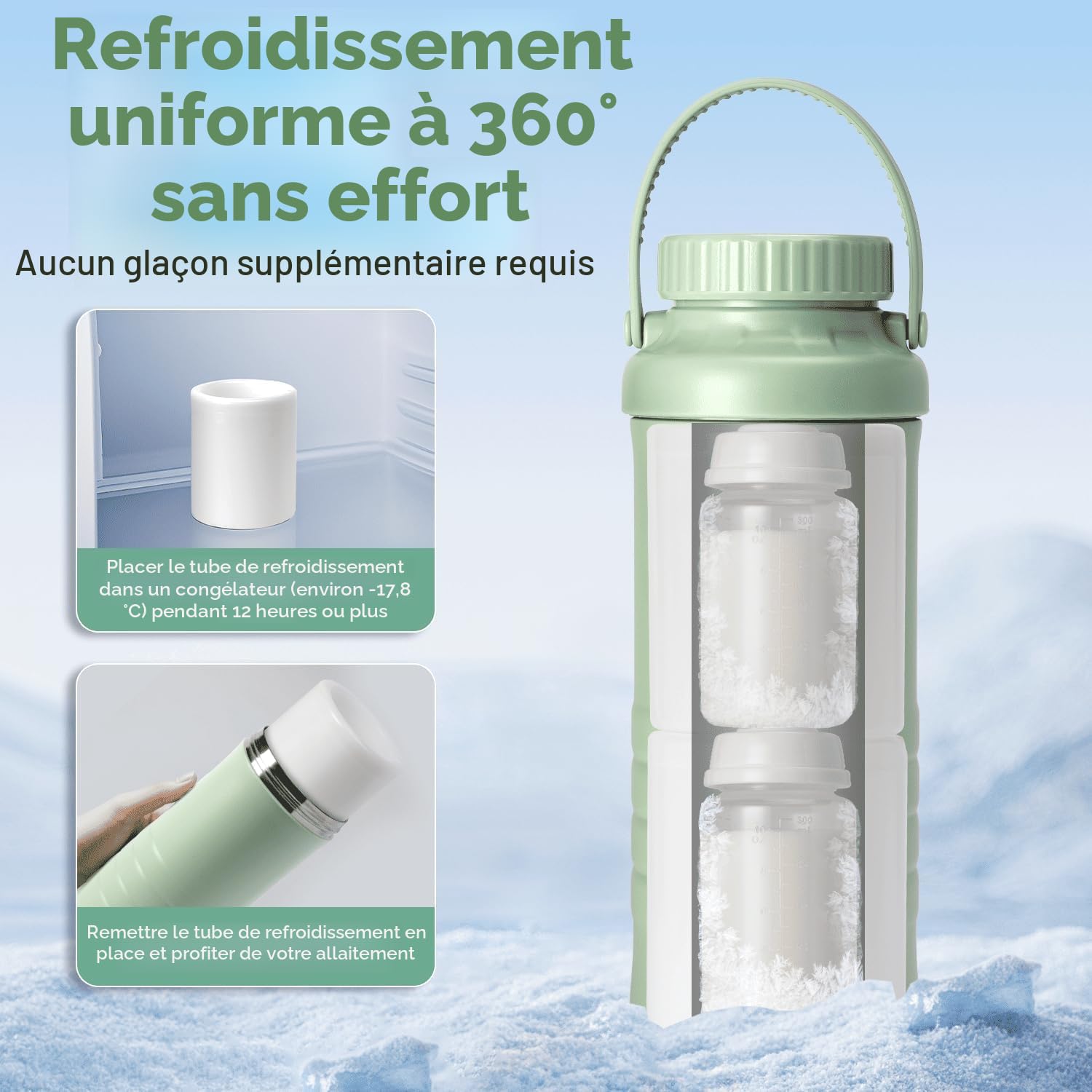 Glaciere Lait Maternel, Grande Capacité de 620ml Portable Glacière Lait Maternel, Adapté à L'extérieur et aux Voyages, Réfrigération à 360°, Fraîcheur 24Heures, Comprend Deux Biberons
