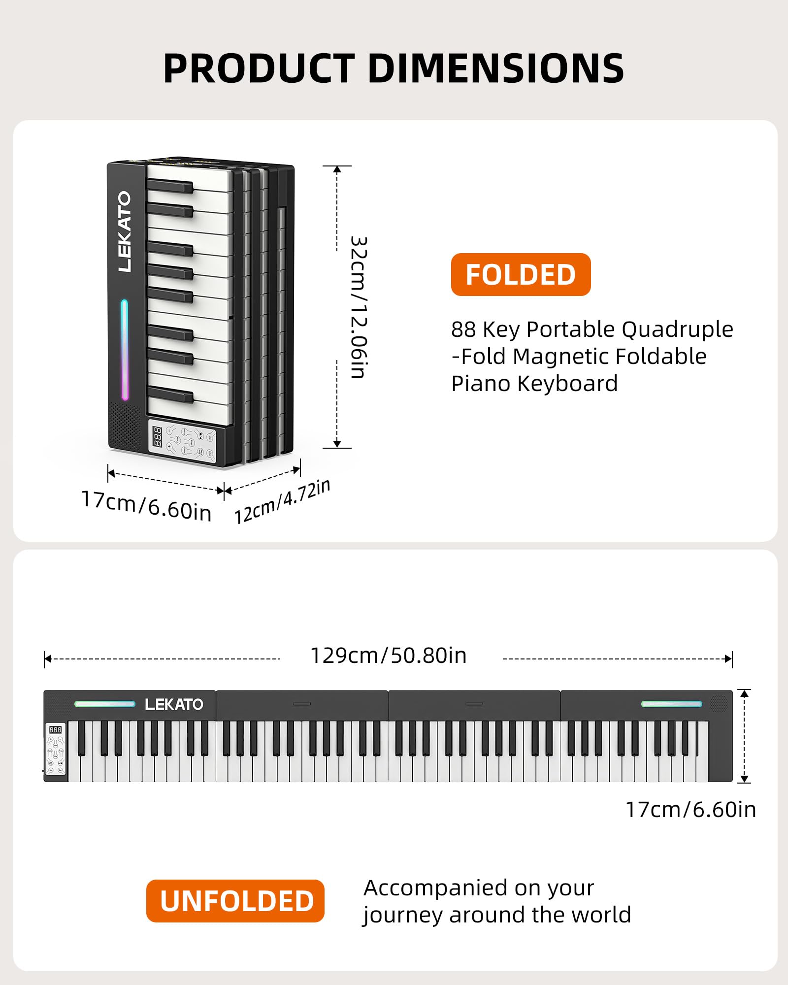 LEKATO Tragbares Piano Keyboard 88 Tasten, Magnetisch Faltbar E-Piano, 128 Sounds 128 Rhythmen Bluetooth MIDI Split Aufnahme, für Anfänger Reise Home