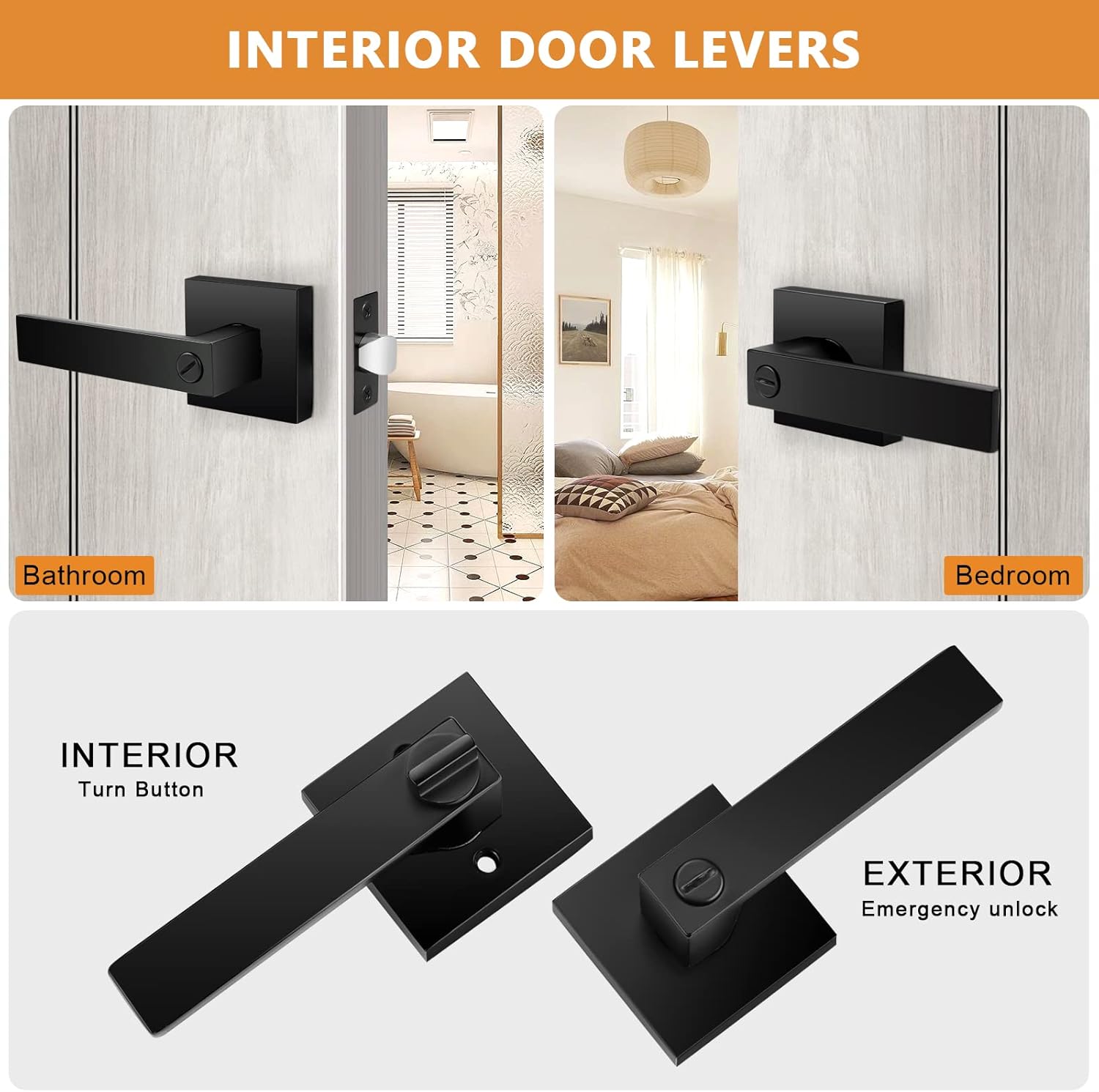 Probrico 4 Pack Privacy Door Levers and 4 Pack Passage Door Levers Bundle, Matte Black, Square Heavy Duty Handles