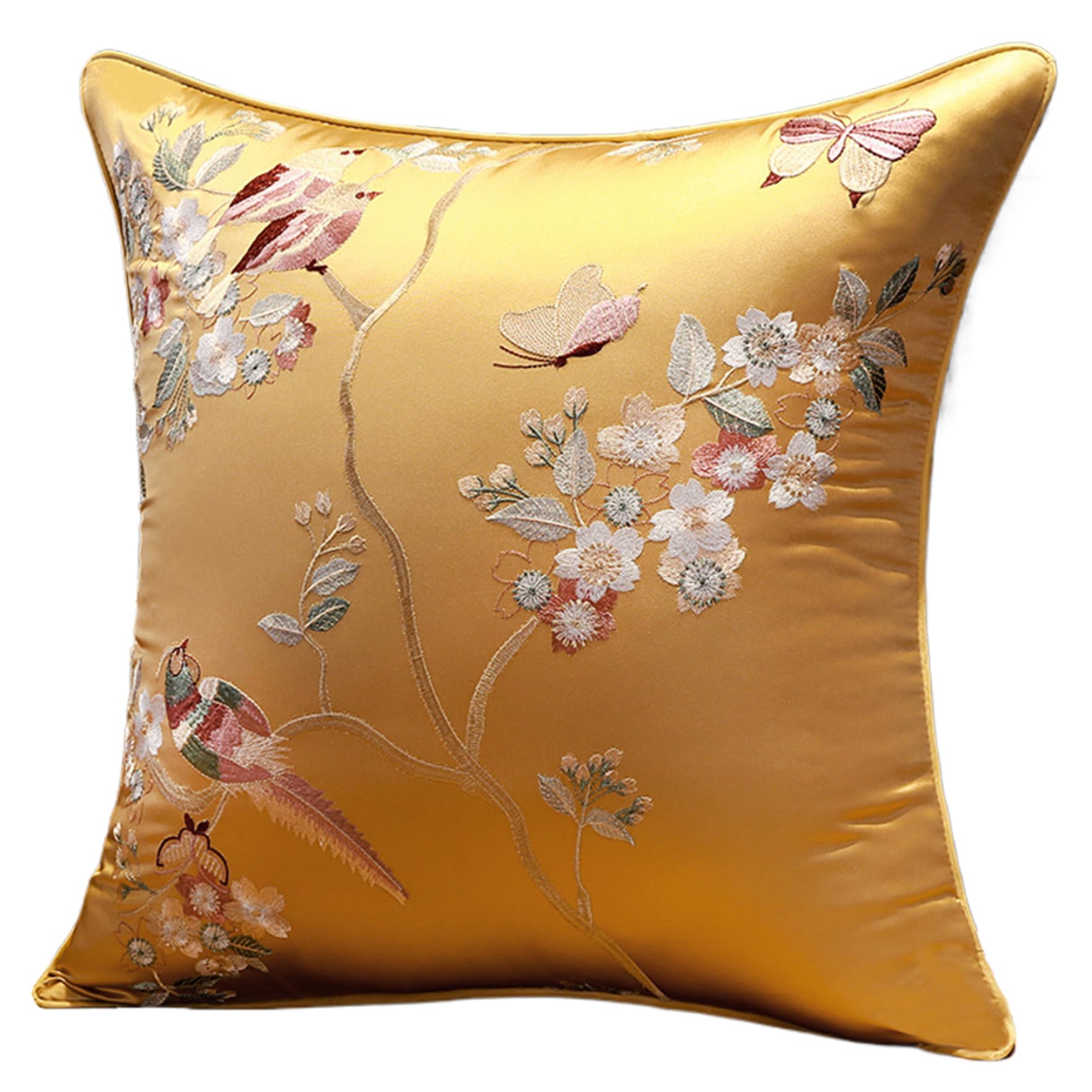 Peosaard Yellow Satin Pillow Covers, Throw Pillow Covers 18X18 Inch Satin, Chinese Style Embroidery Pillowcase With Hidden Zipper For Sofa Couch Bed Living Room Decor, Vintage
