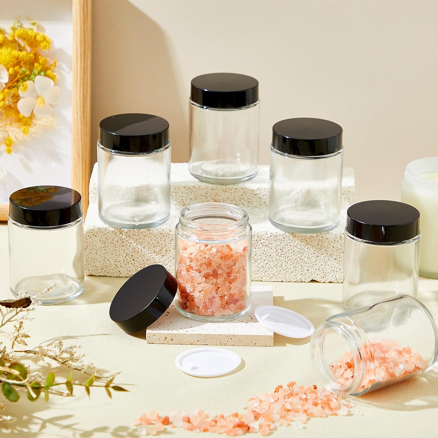 Domensi 6オンス ガラスジャー 蓋付き 漏れ防止 丸型 密閉 空のコスメティック ジャー インナーライナー付き ローション