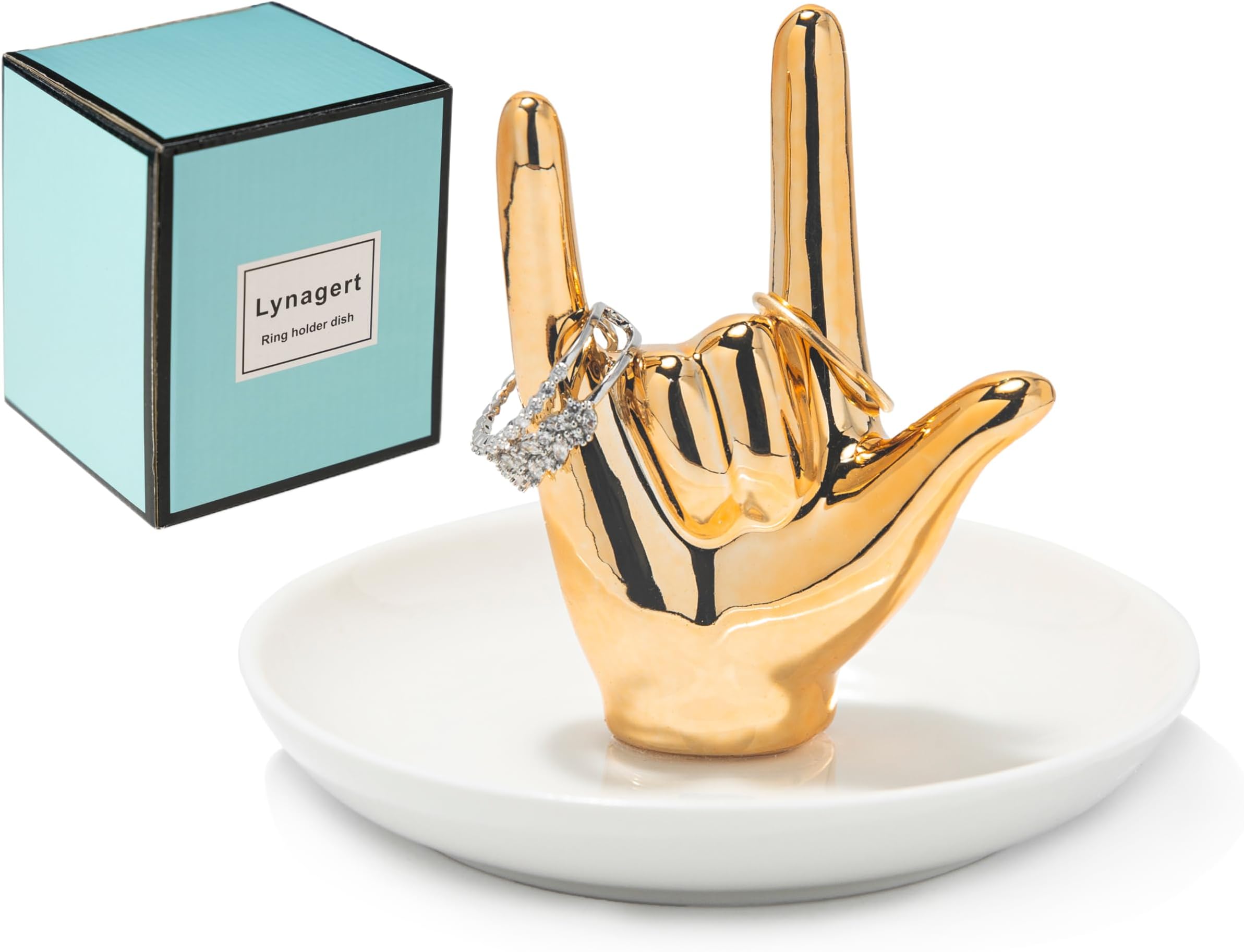 Lynagert I LOVE YOU Hand Ring Holder Ring Dish Ceramic Jewelry Holder Dish Trinket tray for Rings Earrings Necklace Organizer, Engagement Wedding Ring Holder, Christmas Birthday Gifts (Golden)