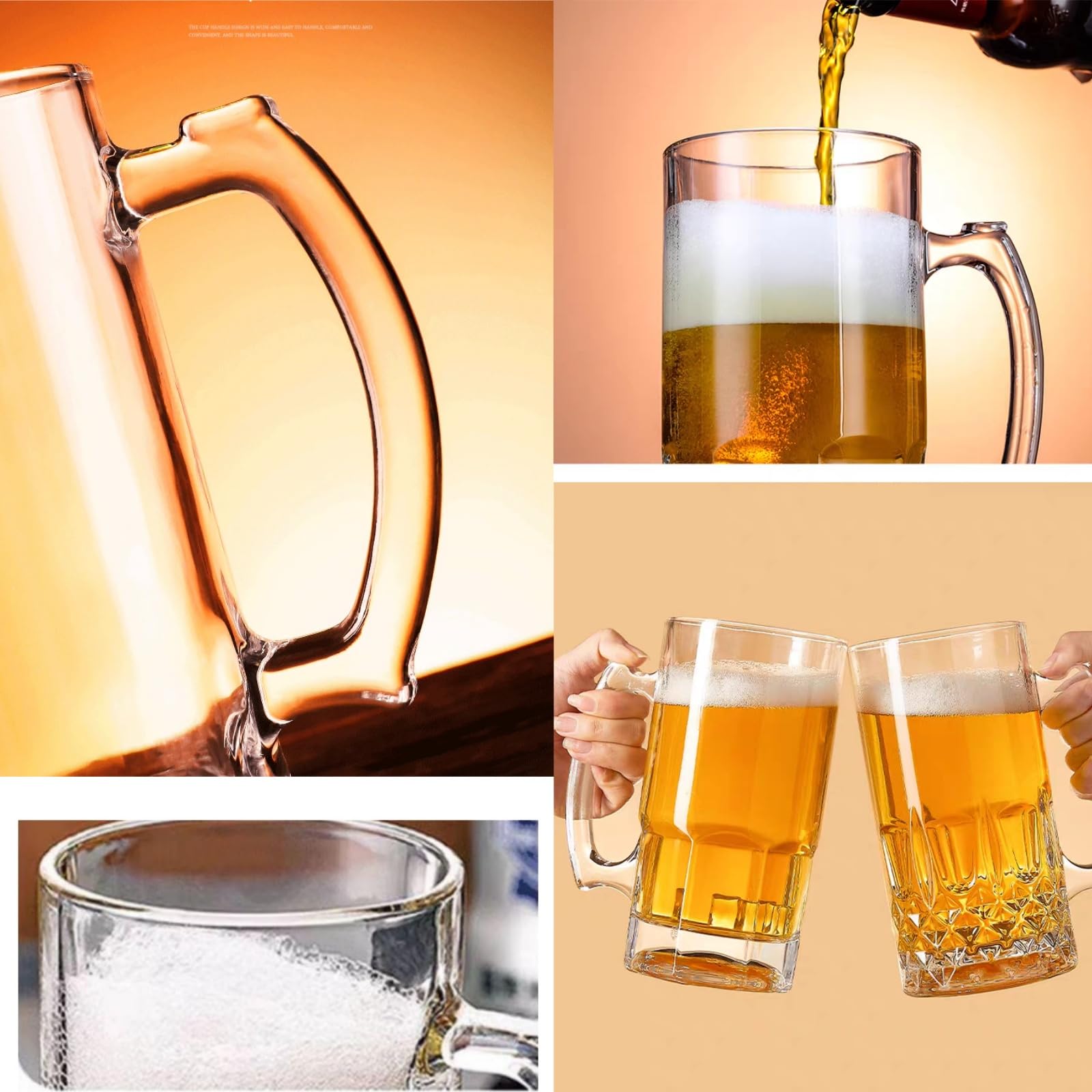 Lot de 2 grandes tasses à bière en verre transparent avec poignée – Verre épais et résistant – 940 ml – Verres à bière sans plomb pour homme, fête, bar