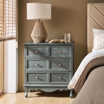 HULALA HOME 3-Drawer Nightstand with Charging Station, Blue | Farmhouse Design,Segmented Drawer Storage, Paulownia Wood, Metal Handles