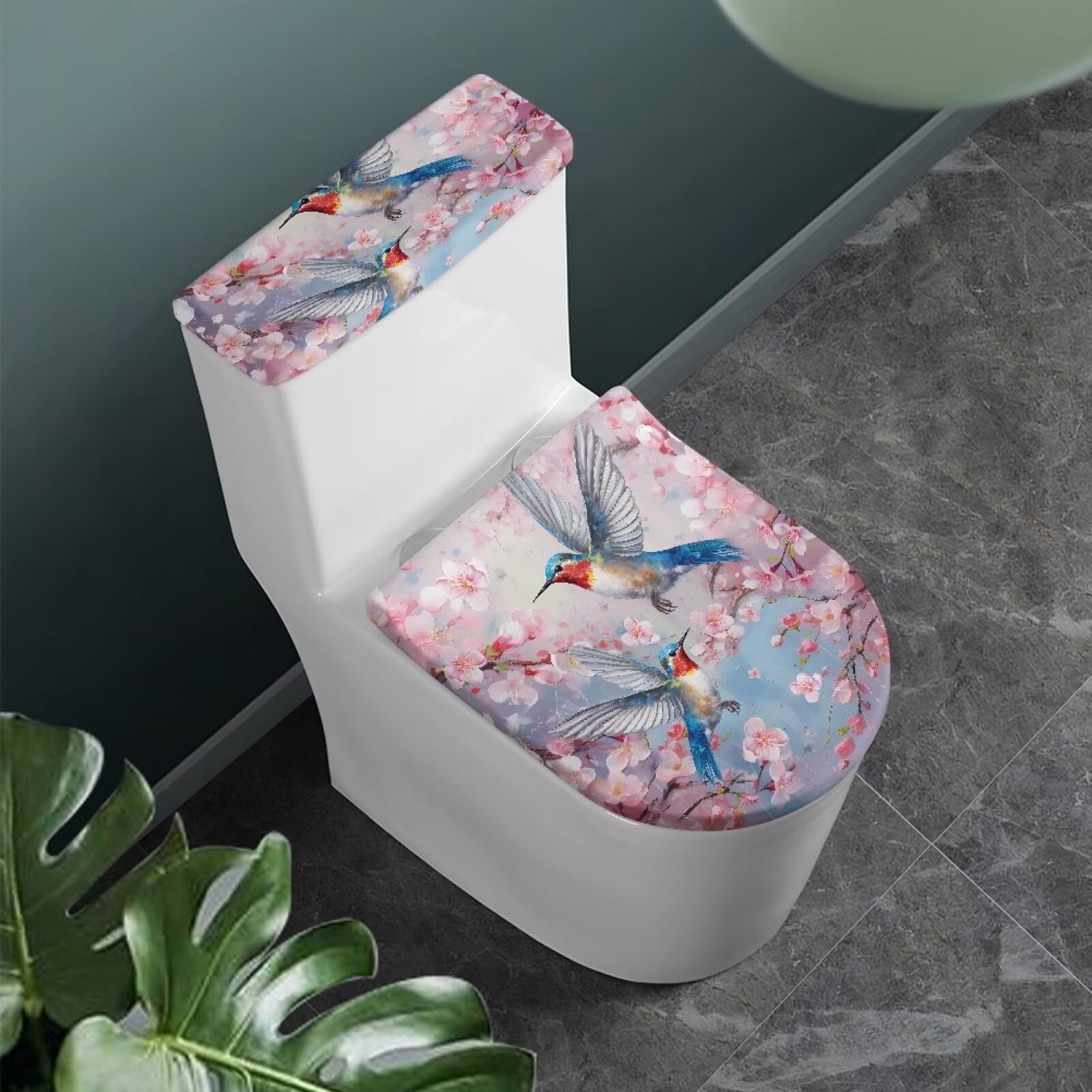 Veniyate Hummingbird Floral Print Toilet Lid Cover and Toilet Tank Lid Cover Set of 2, Bathroom Decorations Toilet Protector Dust Cover Lid Cover with Elastic Edge