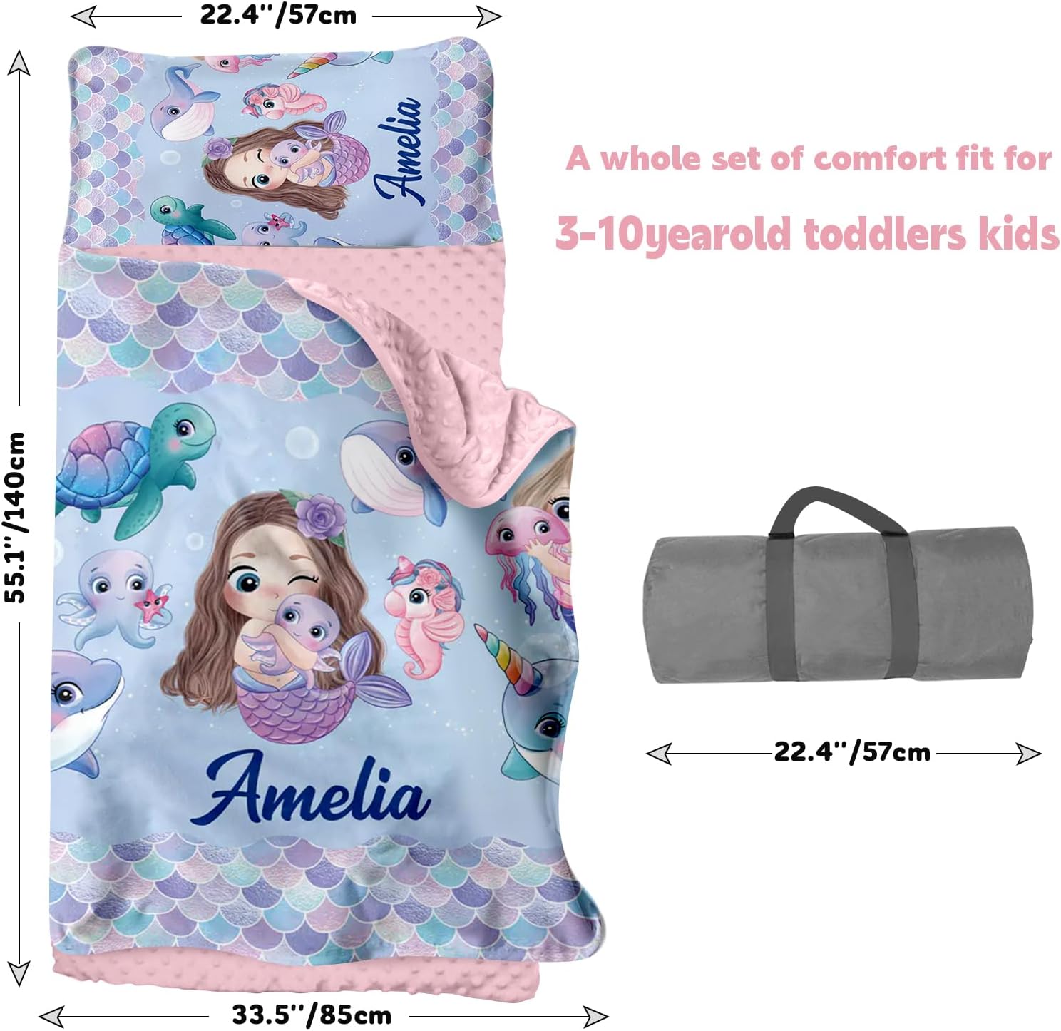 Personalized Toddler Nap Mats for Daycare - Custom Name Mermaid Kids Nap Mat for Preschool Kindergarten Girls Sleeping Bag with Pillow and Blanket, Thick Padded Easy Roll Up